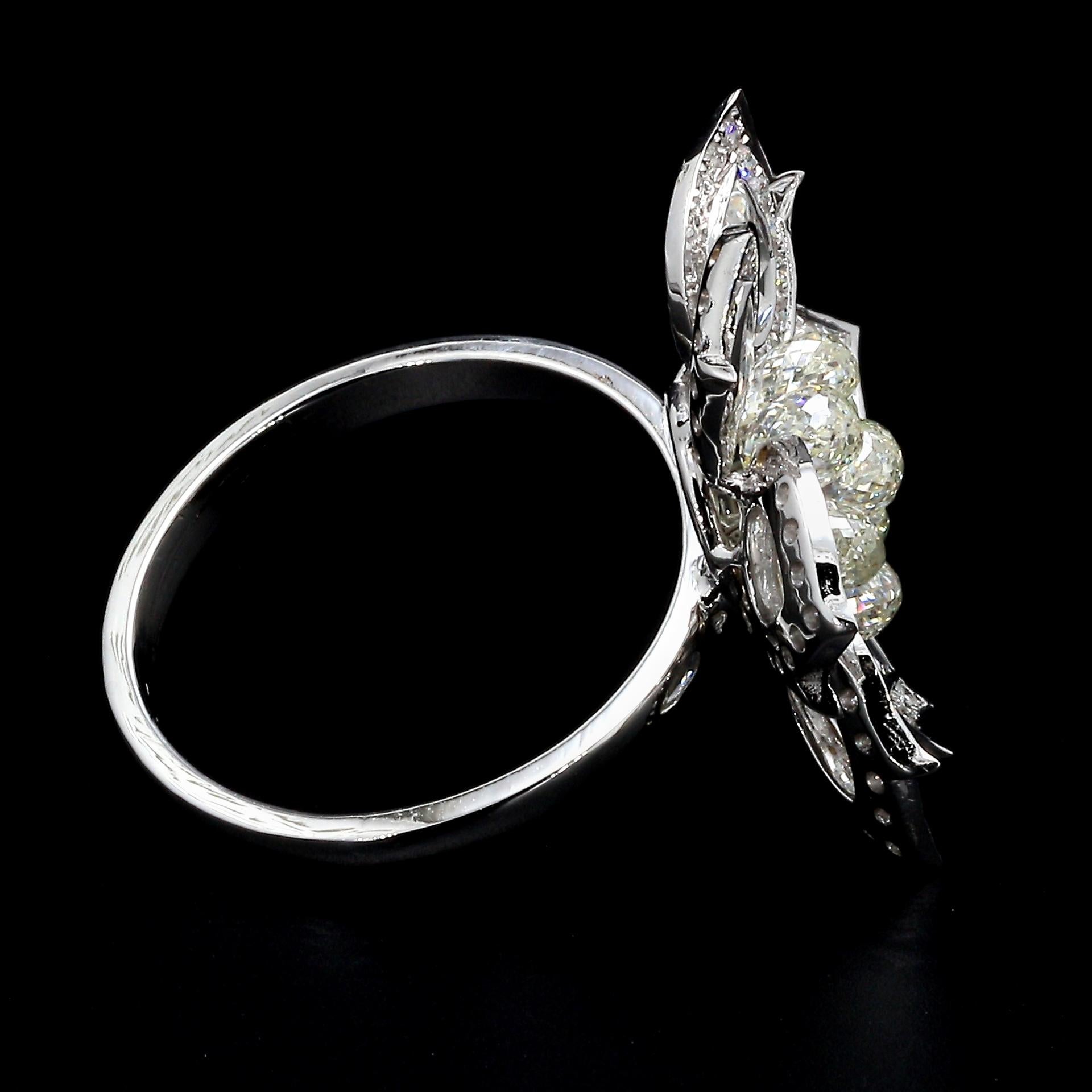 PANIM 18K White Gold Diamond Pear Rosecut & Briolette floral Ring  For Sale 4