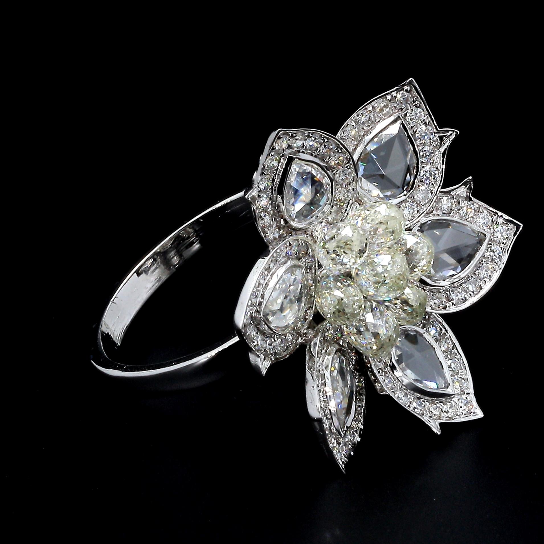 PANIM 18K White Gold Diamond Pear Rosecut & Briolette floral Ring  For Sale 5
