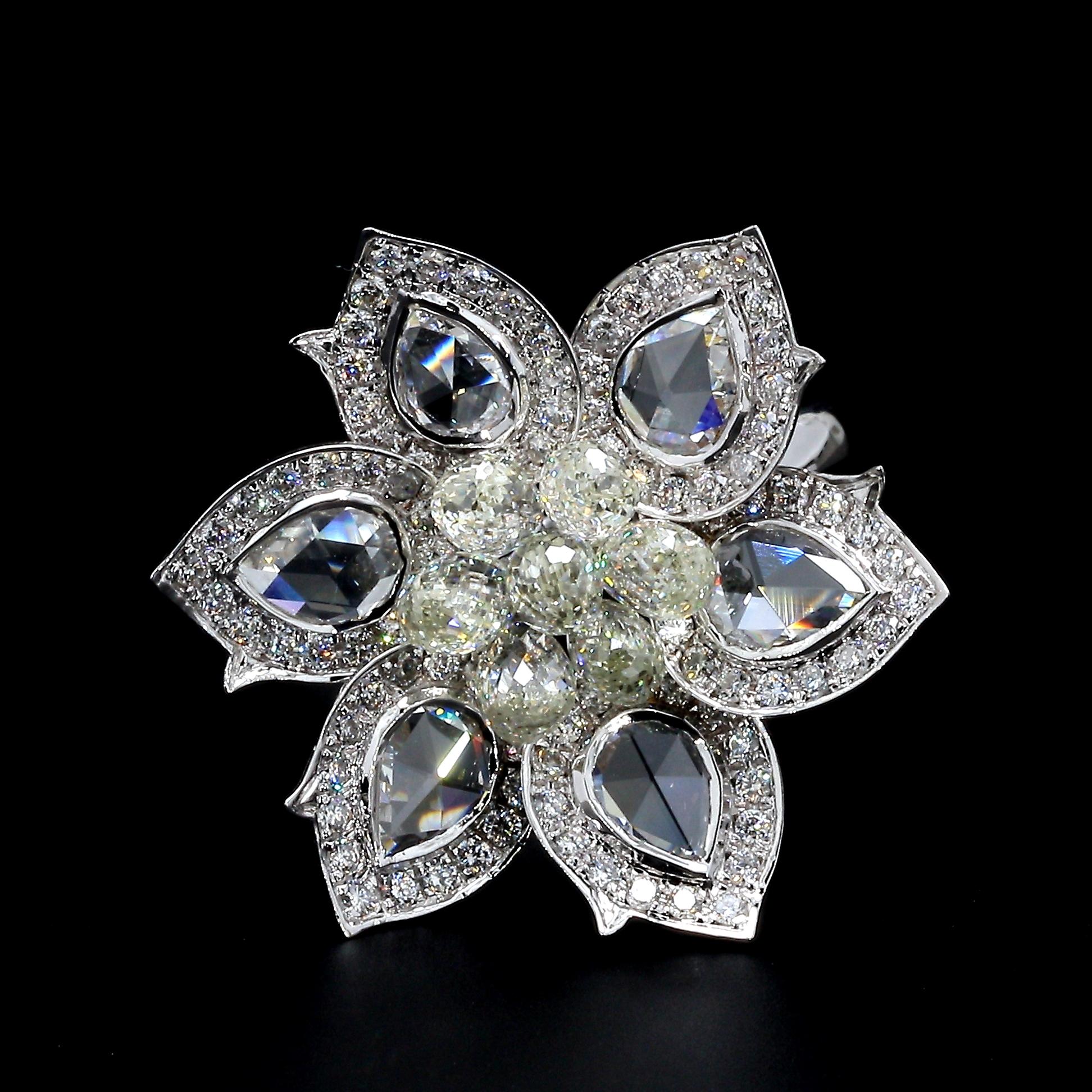 PANIM 18K White Gold Diamond Pear Rosecut & Briolette floral Ring  For Sale 6