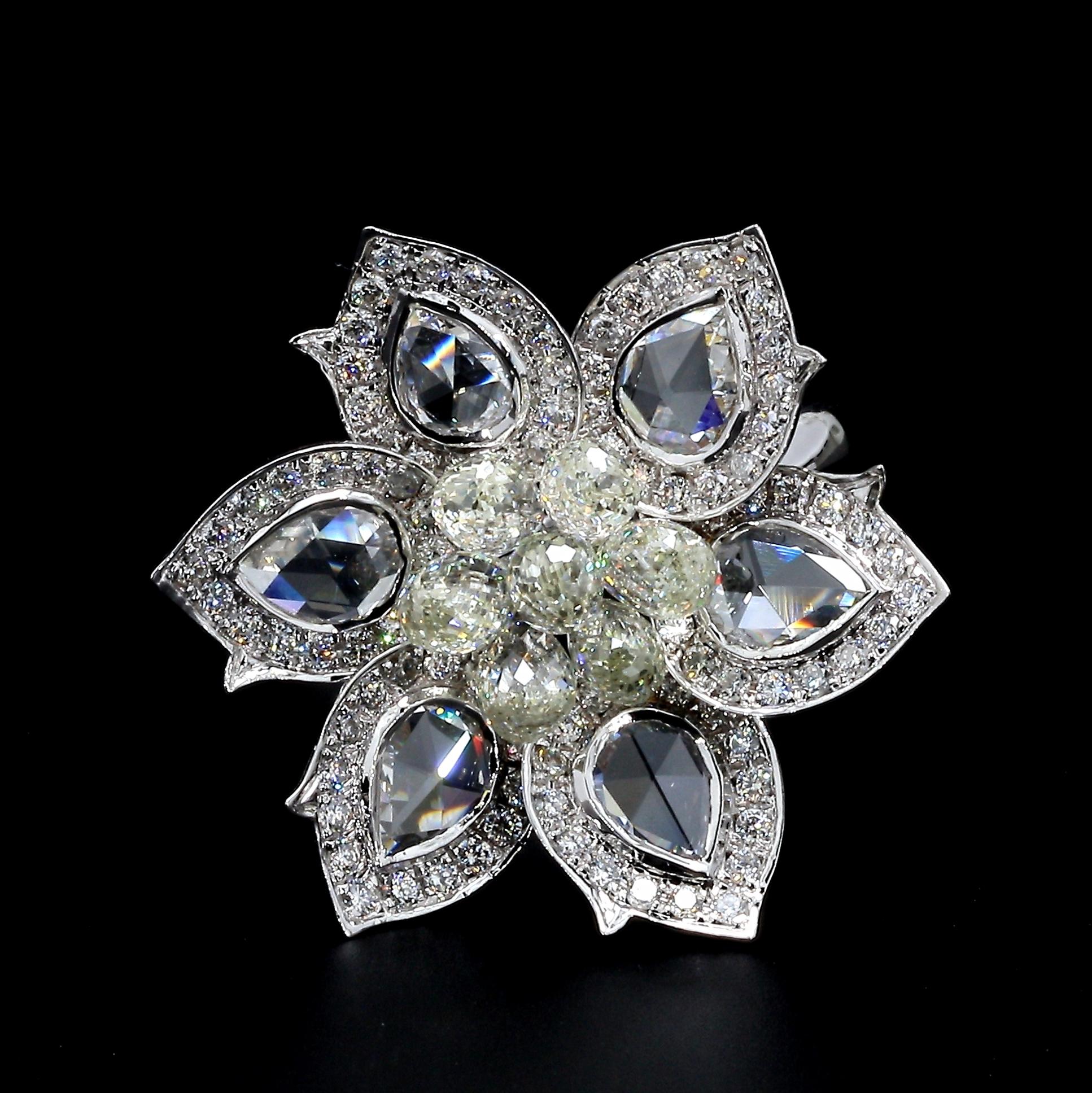 PANIM 18K White Gold Diamond Pear Rosecut & Briolette floral Ring  For Sale 7
