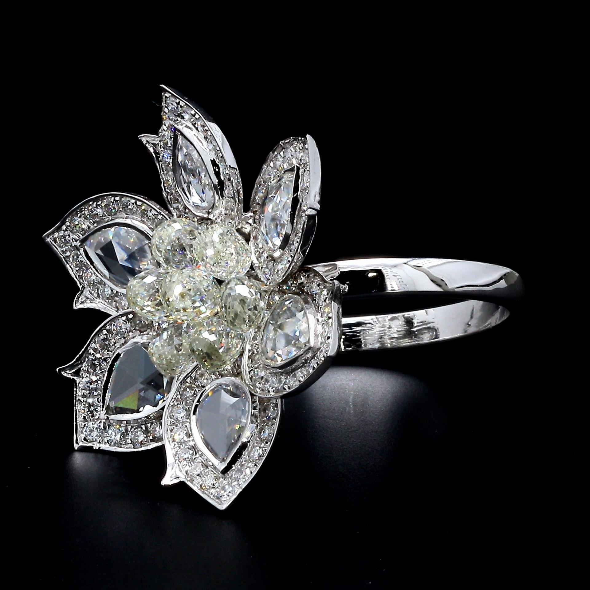 PANIM 18K White Gold Diamond Pear Rosecut & Briolette floral Ring  For Sale 8