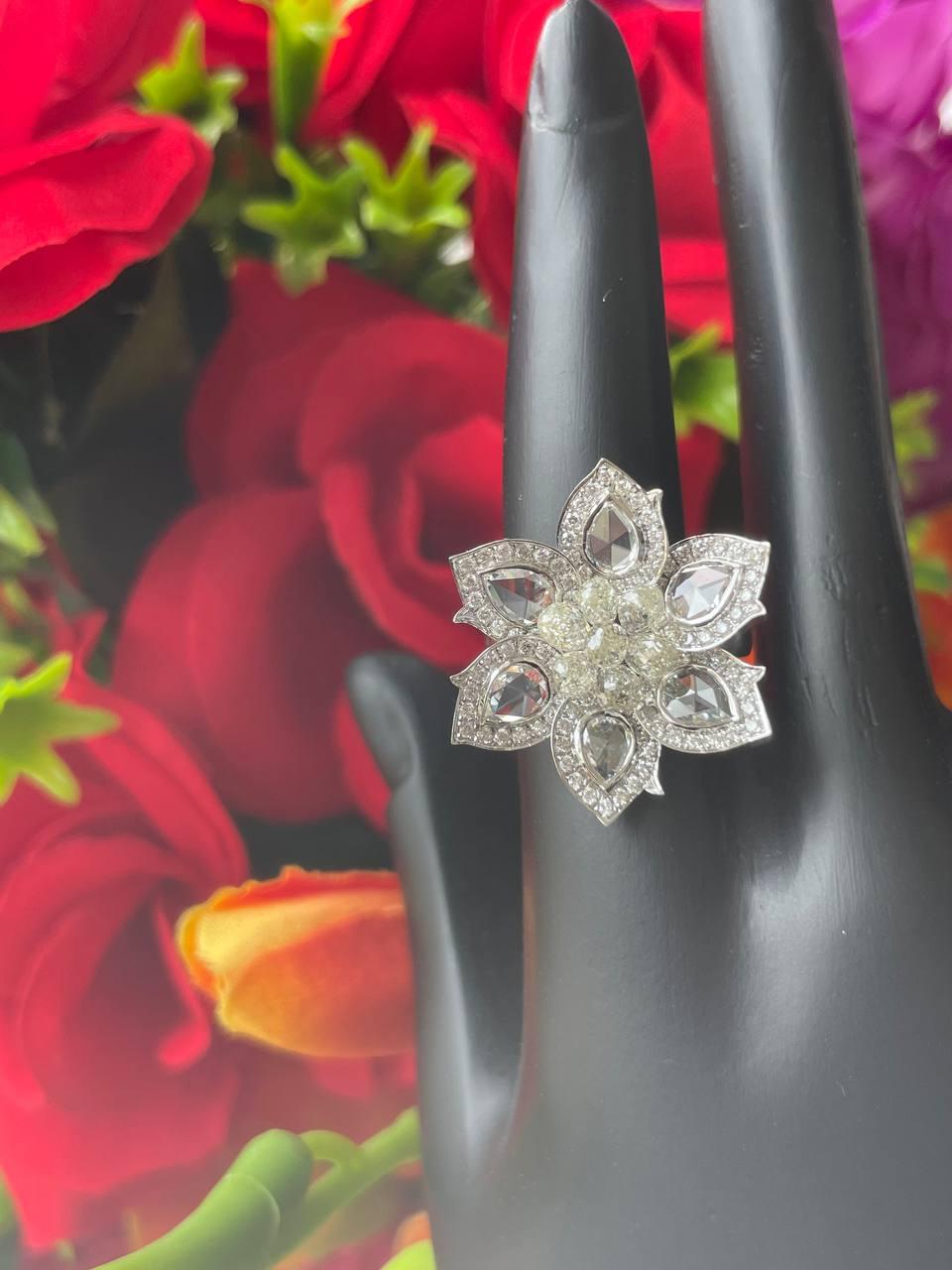 PANIM 18K White Gold Diamond Pear Rosecut & Briolette floral Ring  For Sale 10