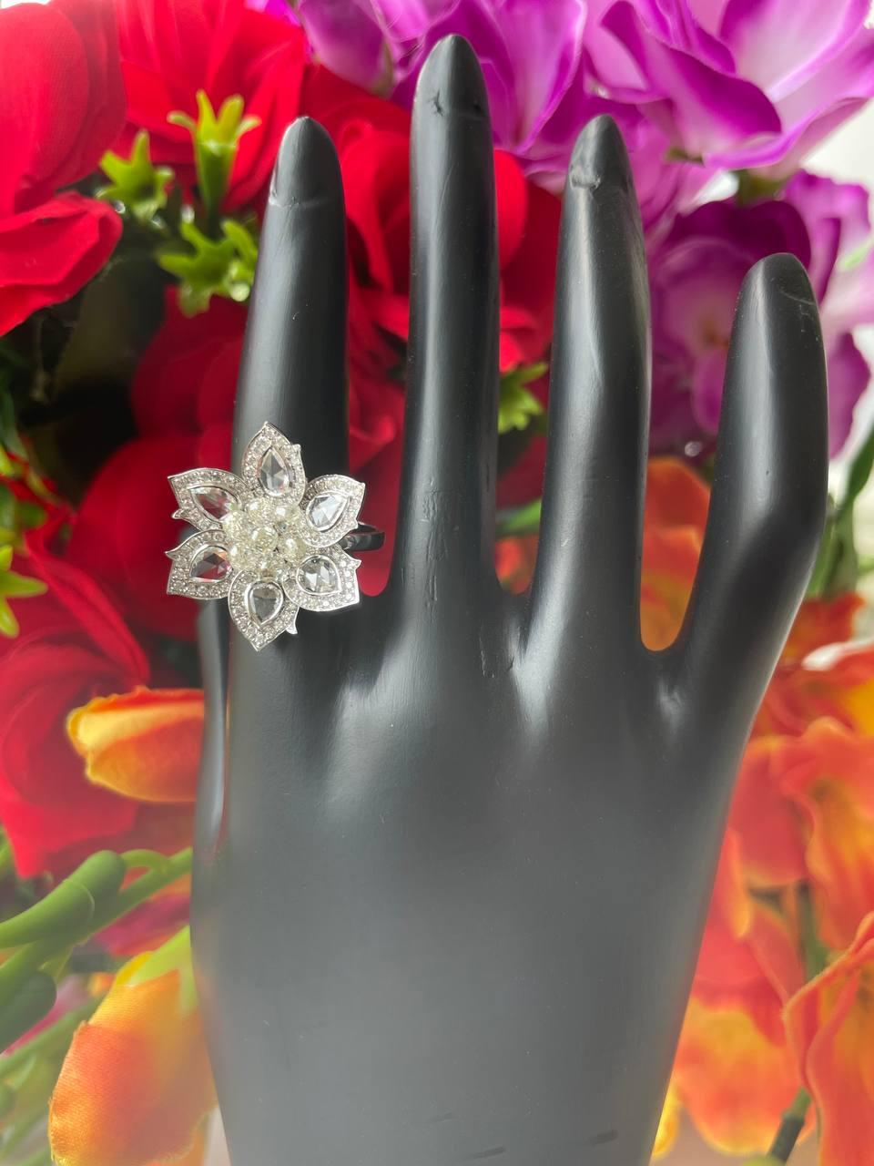 PANIM 18K White Gold Diamond Pear Rosecut & Briolette floral Ring  For Sale 11