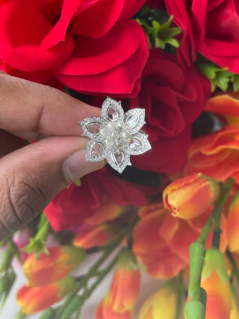 PANIM 18K White Gold Diamond Pear Rosecut & Briolette floral Ring  For Sale 12