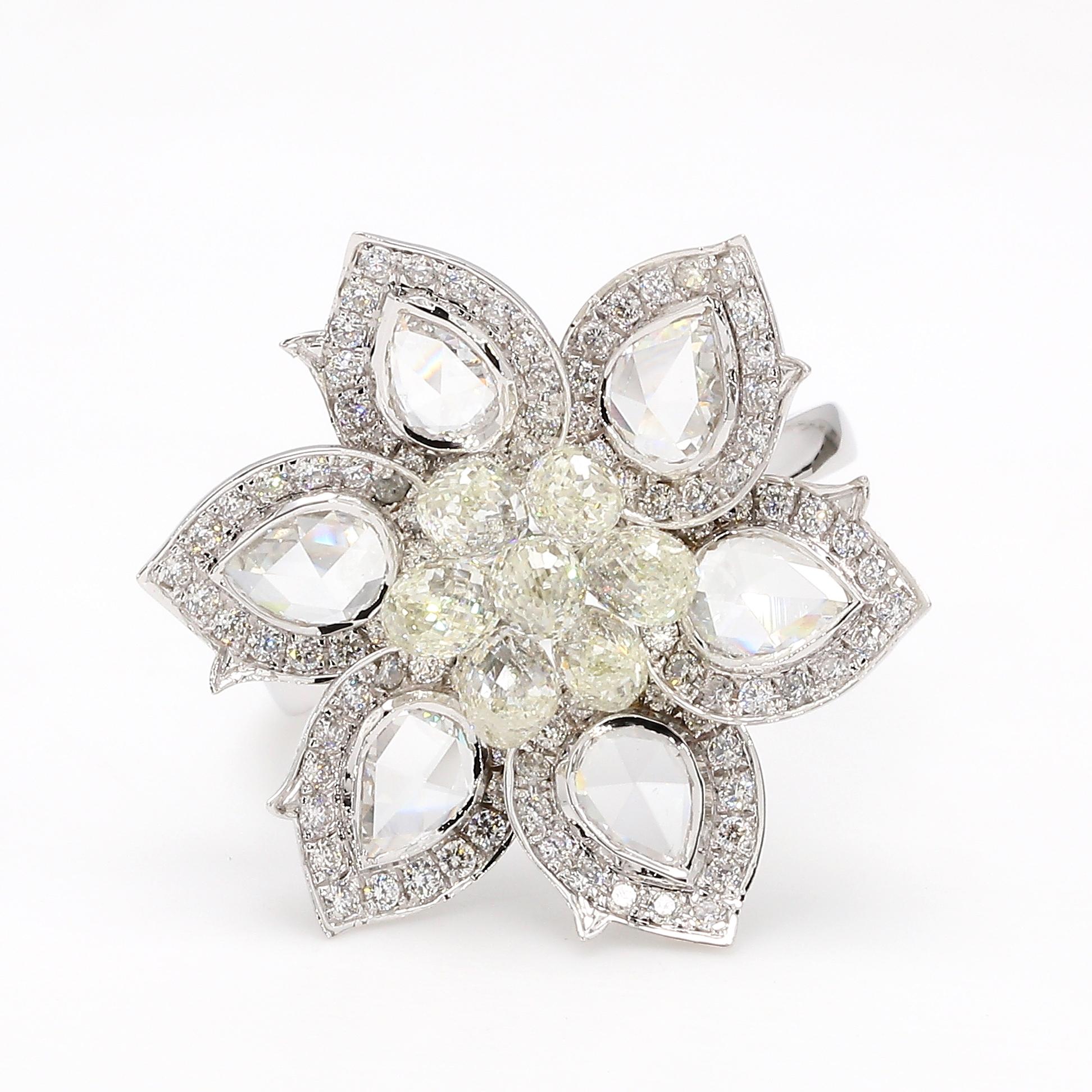 PANIM 4.41 CTS PEARS & BRIOLETTE FLOWER RING 18K WHITE GOLD

A beautiful rendition of the narcissus flower, The Thea features six rose cut pear diamonds, centered with diamond Briolette .This ring is a matching ring to our PANIM Rosecut & Briolette