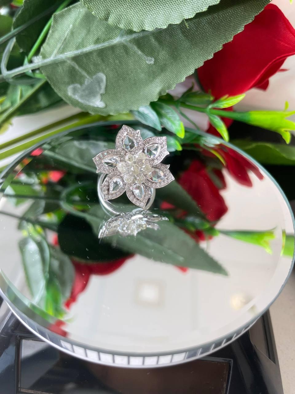 PANIM 18K White Gold Diamond Pear Rosecut & Briolette floral Ring  For Sale 13