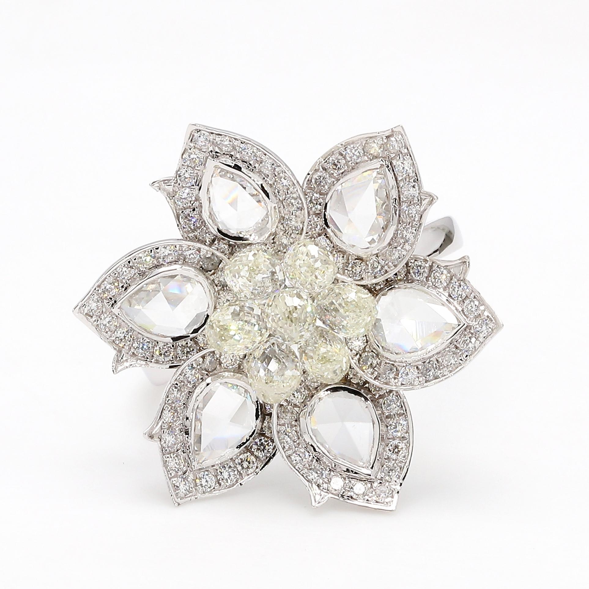 Modern PANIM 18K White Gold Diamond Pear Rosecut & Briolette floral Ring  For Sale