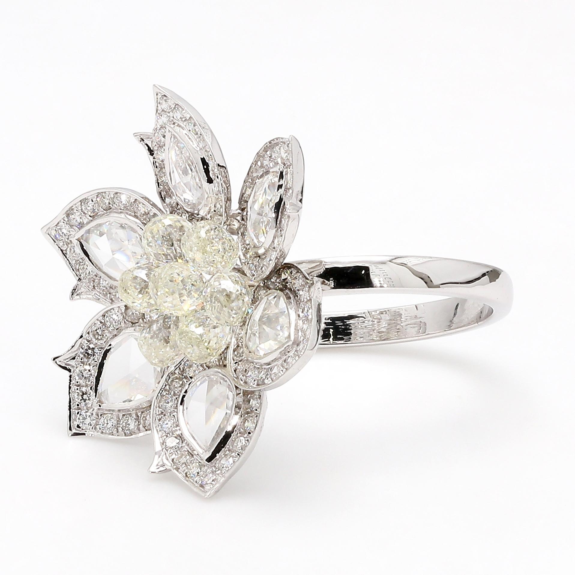 Briolette Cut PANIM 18K White Gold Diamond Pear Rosecut & Briolette floral Ring  For Sale