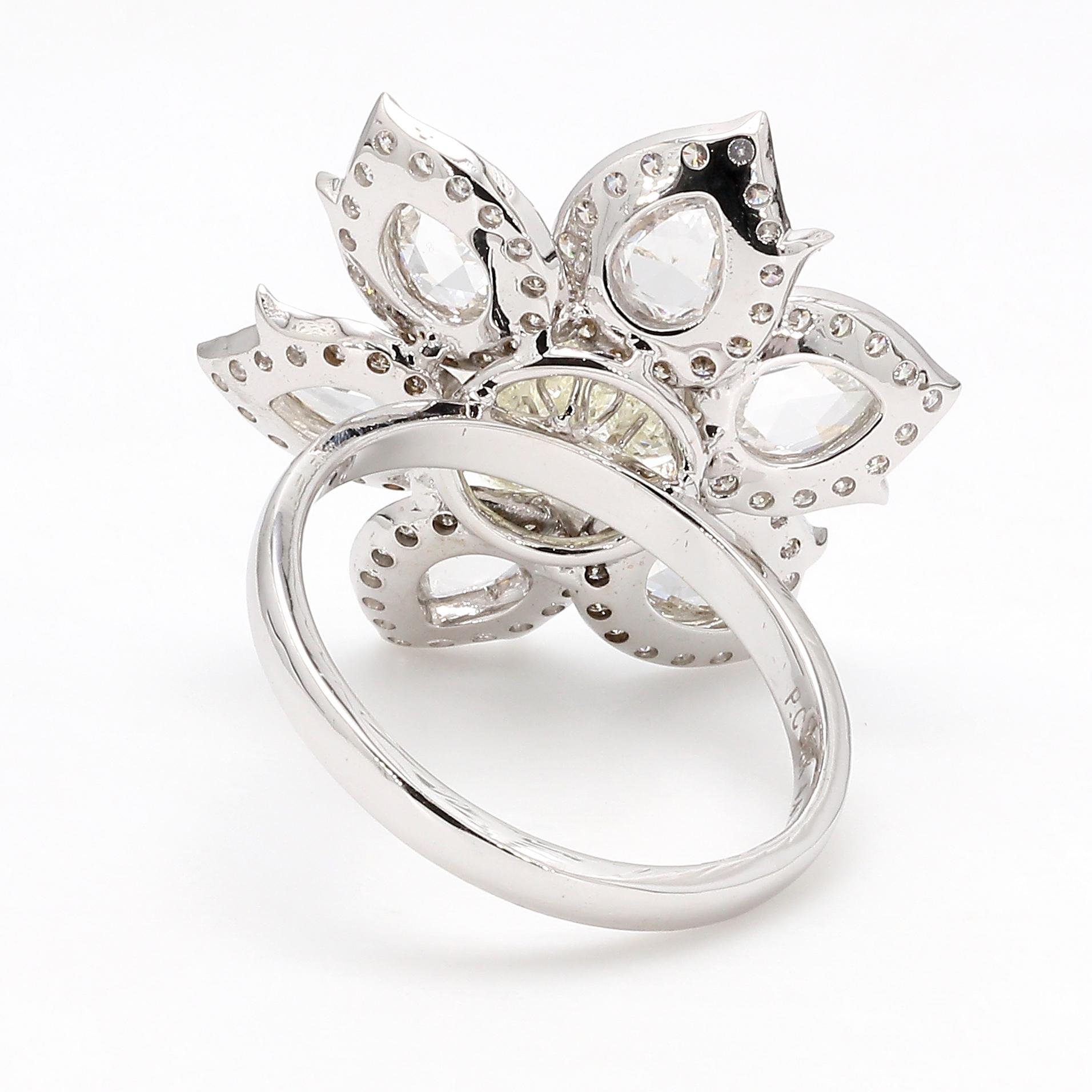 Women's PANIM 18K White Gold Diamond Pear Rosecut & Briolette floral Ring  For Sale