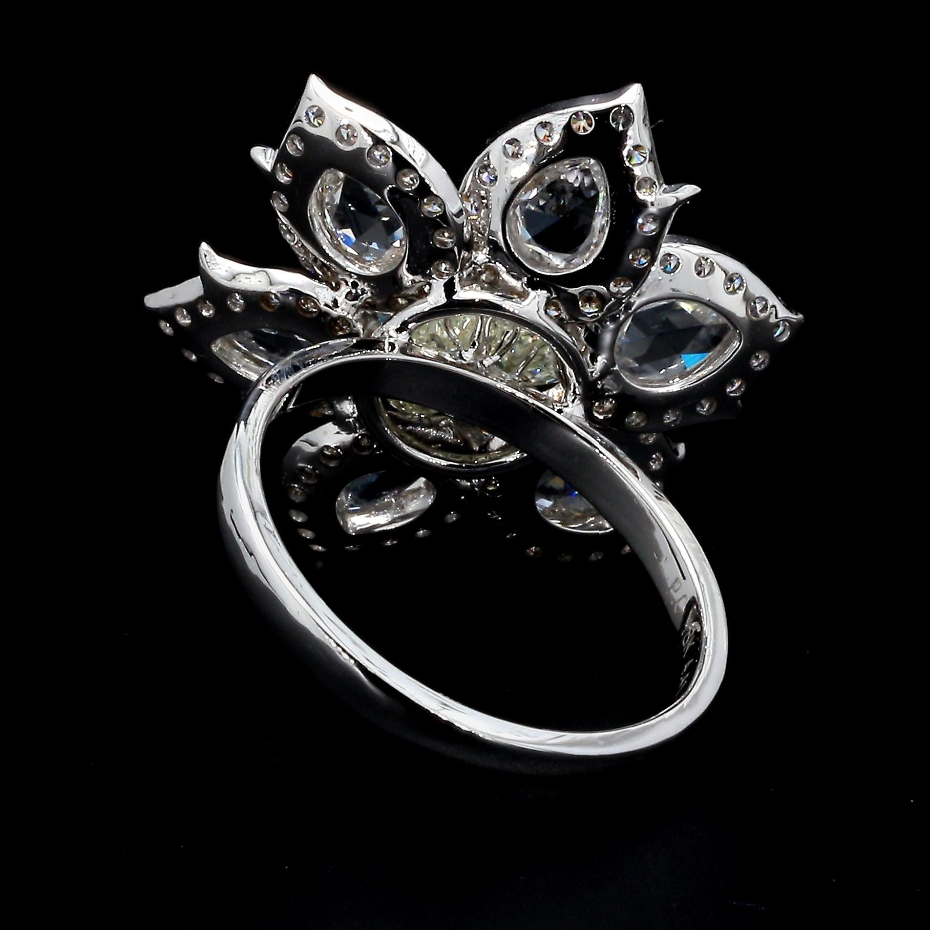 PANIM 18K White Gold Diamond Pear Rosecut & Briolette floral Ring  For Sale 3