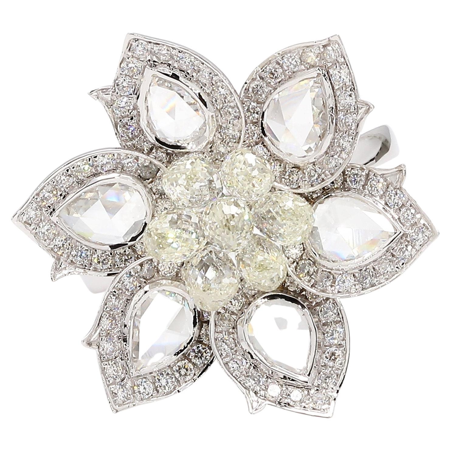 PANIM 18K White Gold Diamond Pear Rosecut & Briolette floral Ring  For Sale