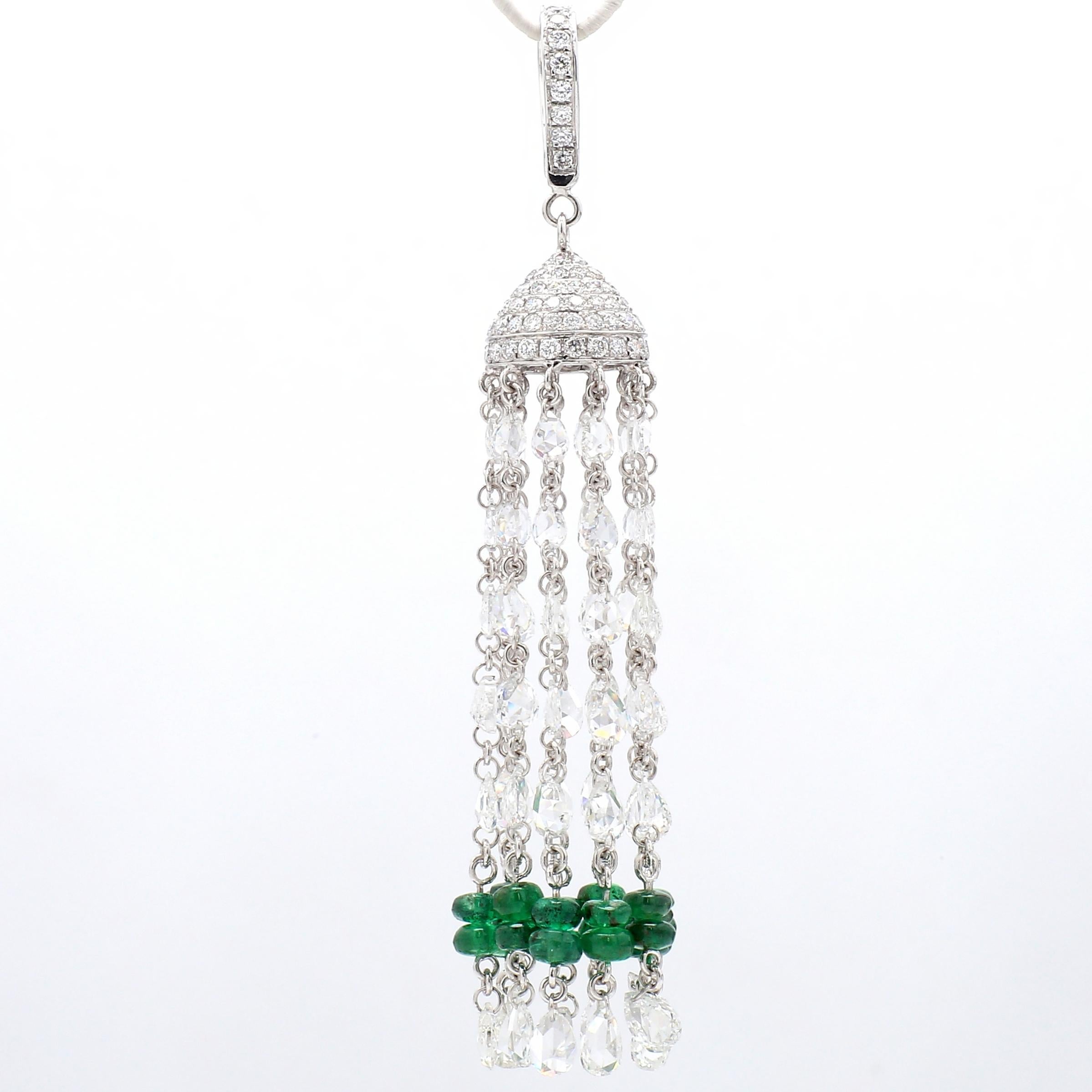 PANIM 18K White Gold Diamond Rosecut & Emerald Tassel  Pendent

Explore our superlative contemporary pendent that will not only complement but enhance every mood and outfit of yours! It features diamond rosecut linked to each other with 18k white