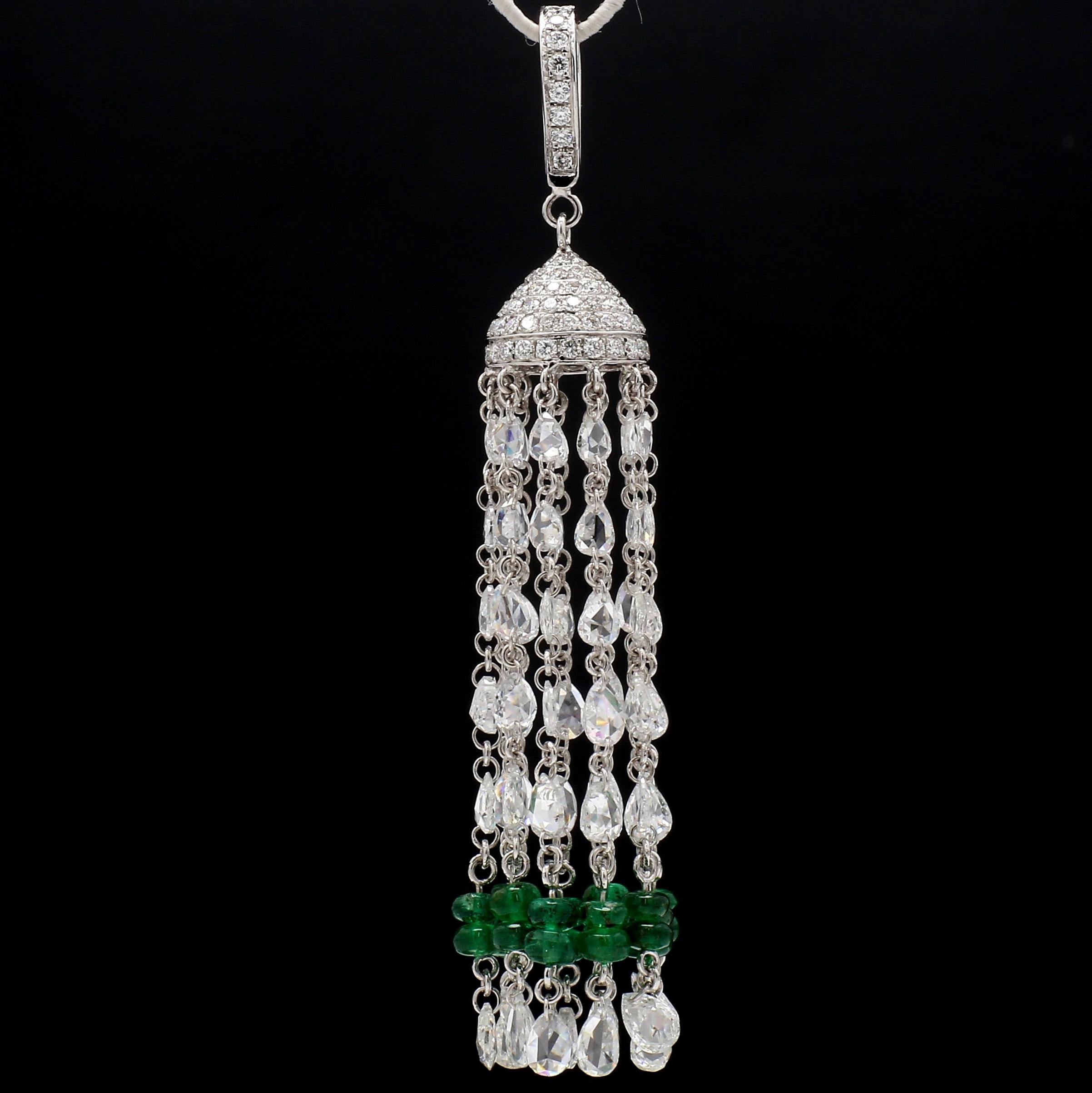 Contemporary PANIM 18K White Gold Diamond Rosecut & Emerald Tassel  Pendent For Sale