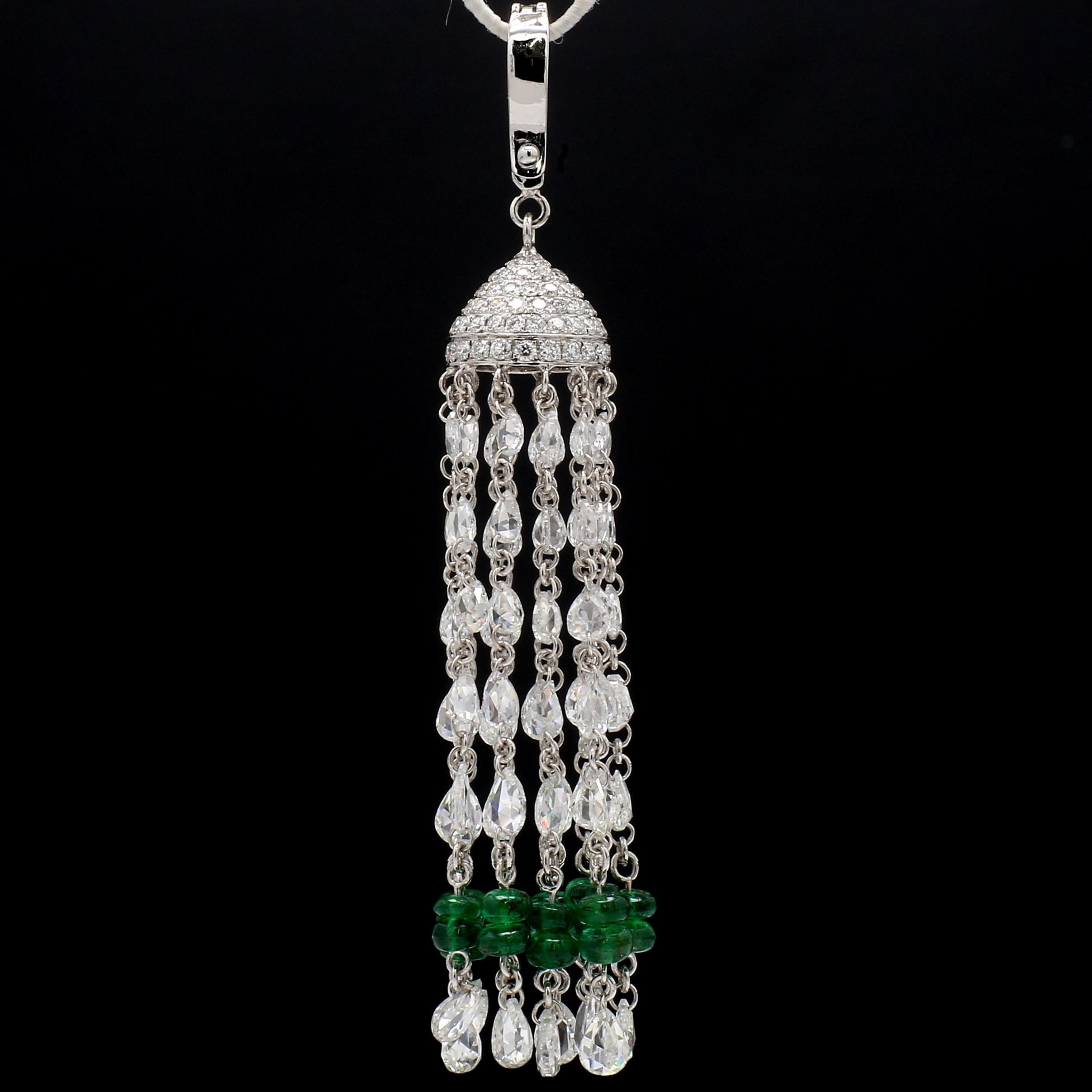 Women's PANIM 18K White Gold Diamond Rosecut & Emerald Tassel  Pendent For Sale