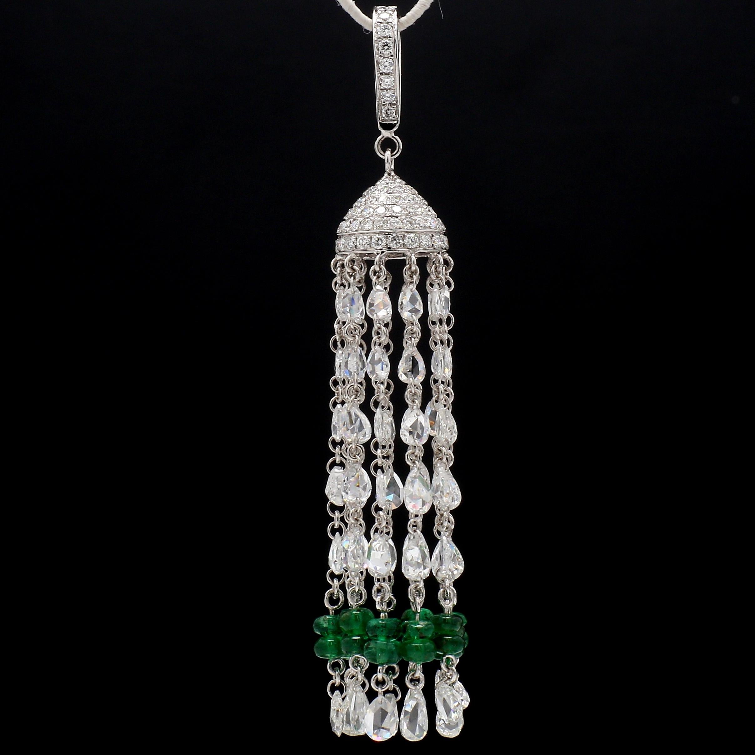 PANIM 18K White Gold Diamond Rosecut & Emerald Tassel  Pendent For Sale 3