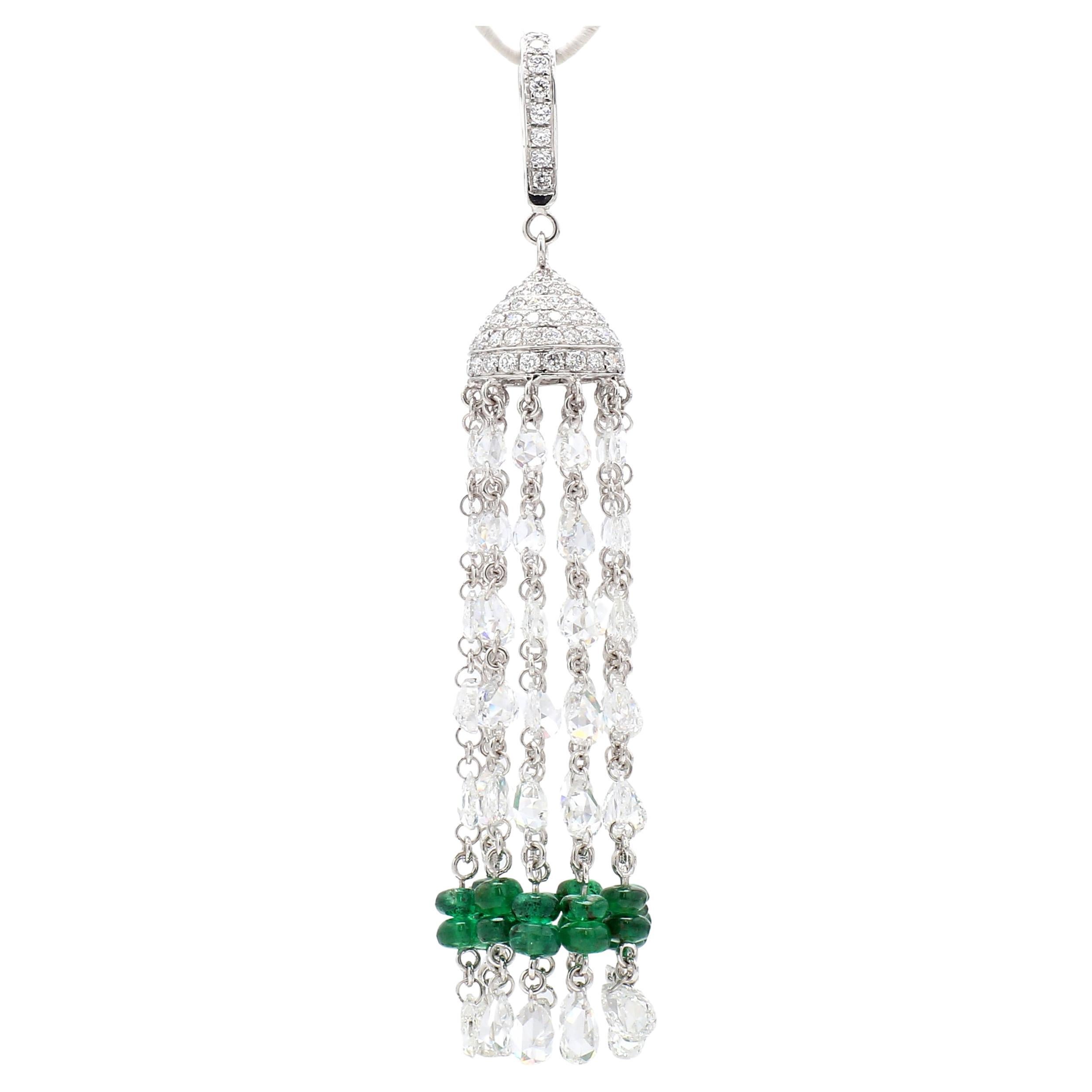 PANIM 18K White Gold Diamond Rosecut & Emerald Tassel  Pendent For Sale