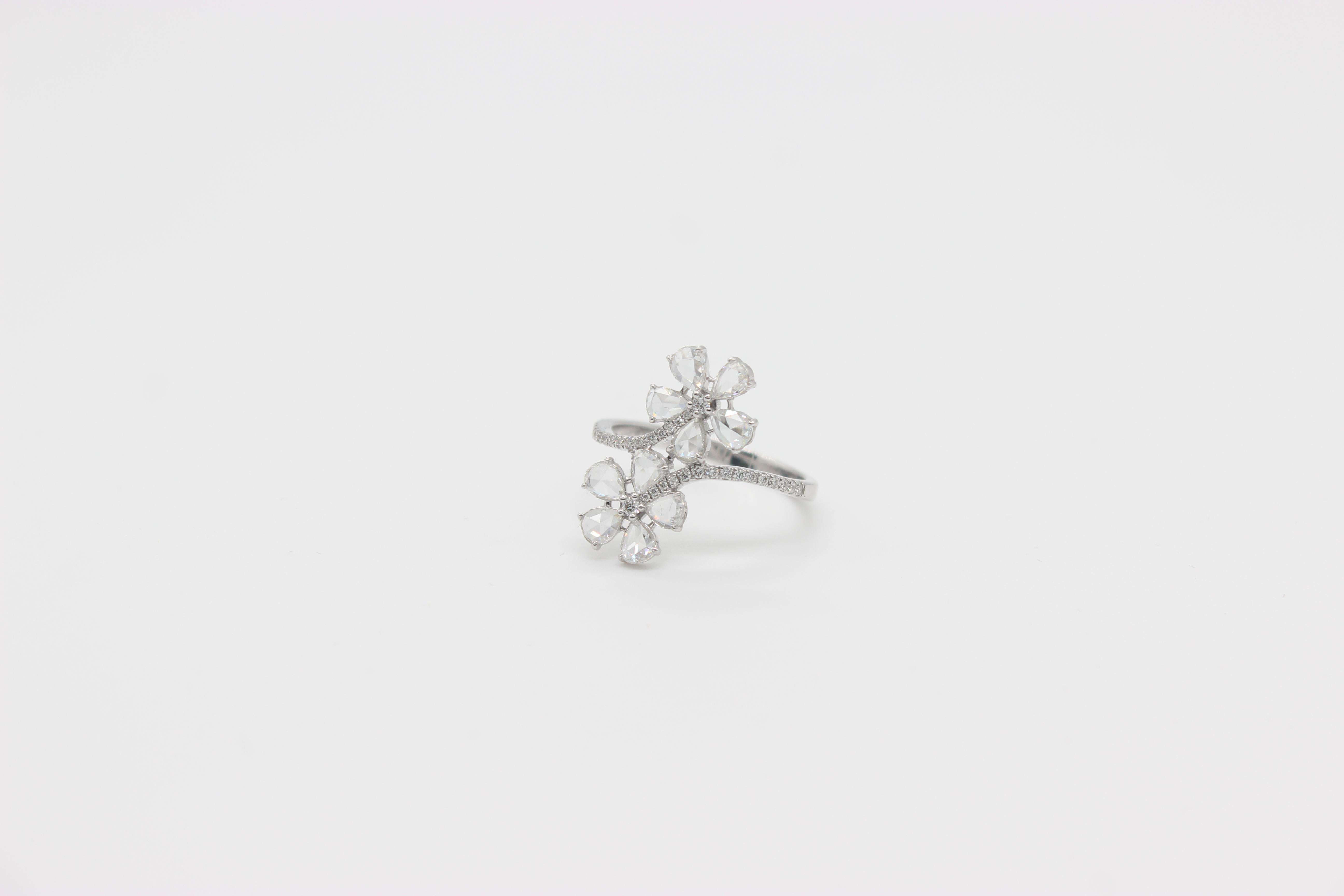 PANIM 18 Karat White Gold Diamond Rosecut Floral Ring For Sale 5