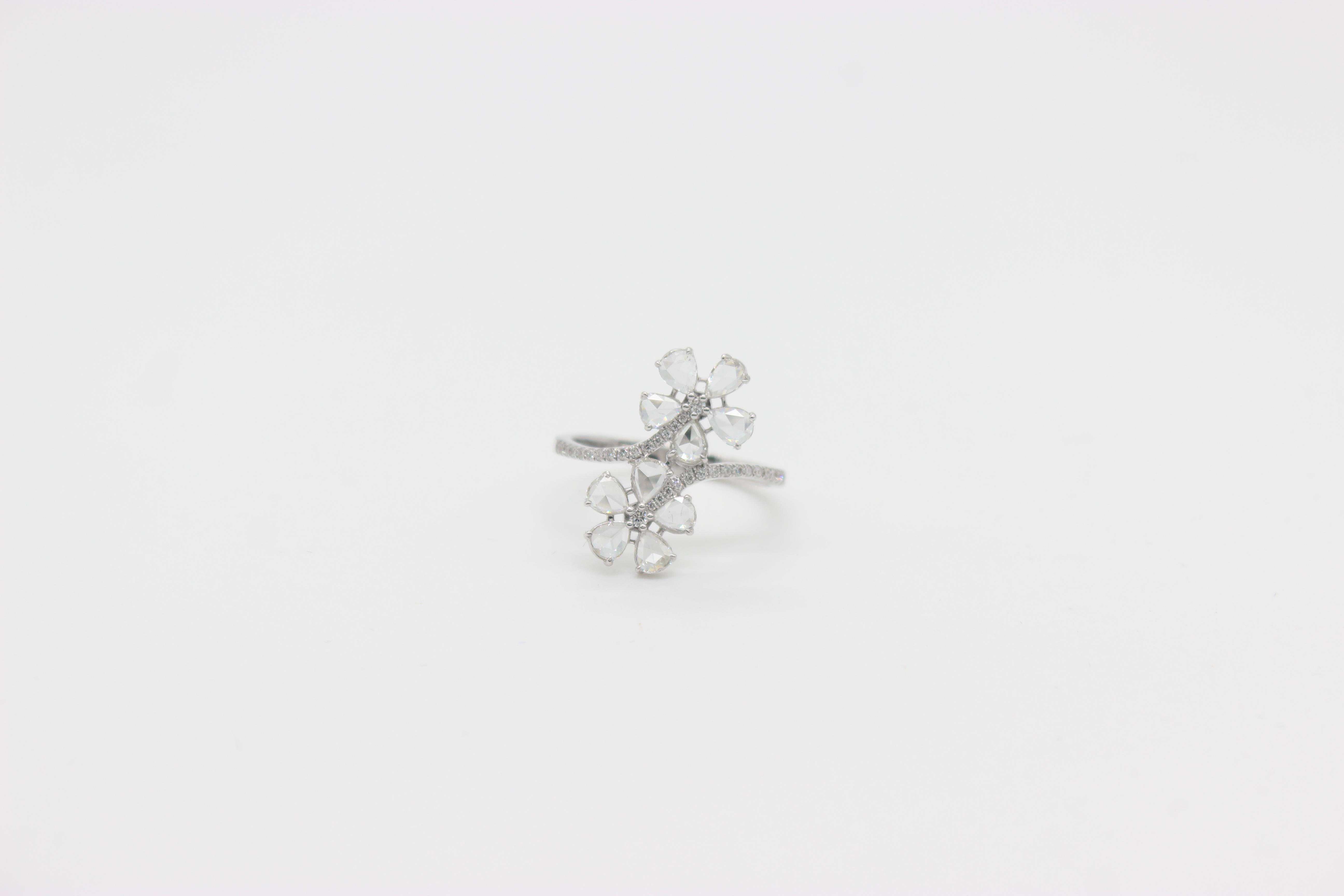 PANIM 18 Karat White Gold Diamond Rosecut Floral Ring For Sale 6