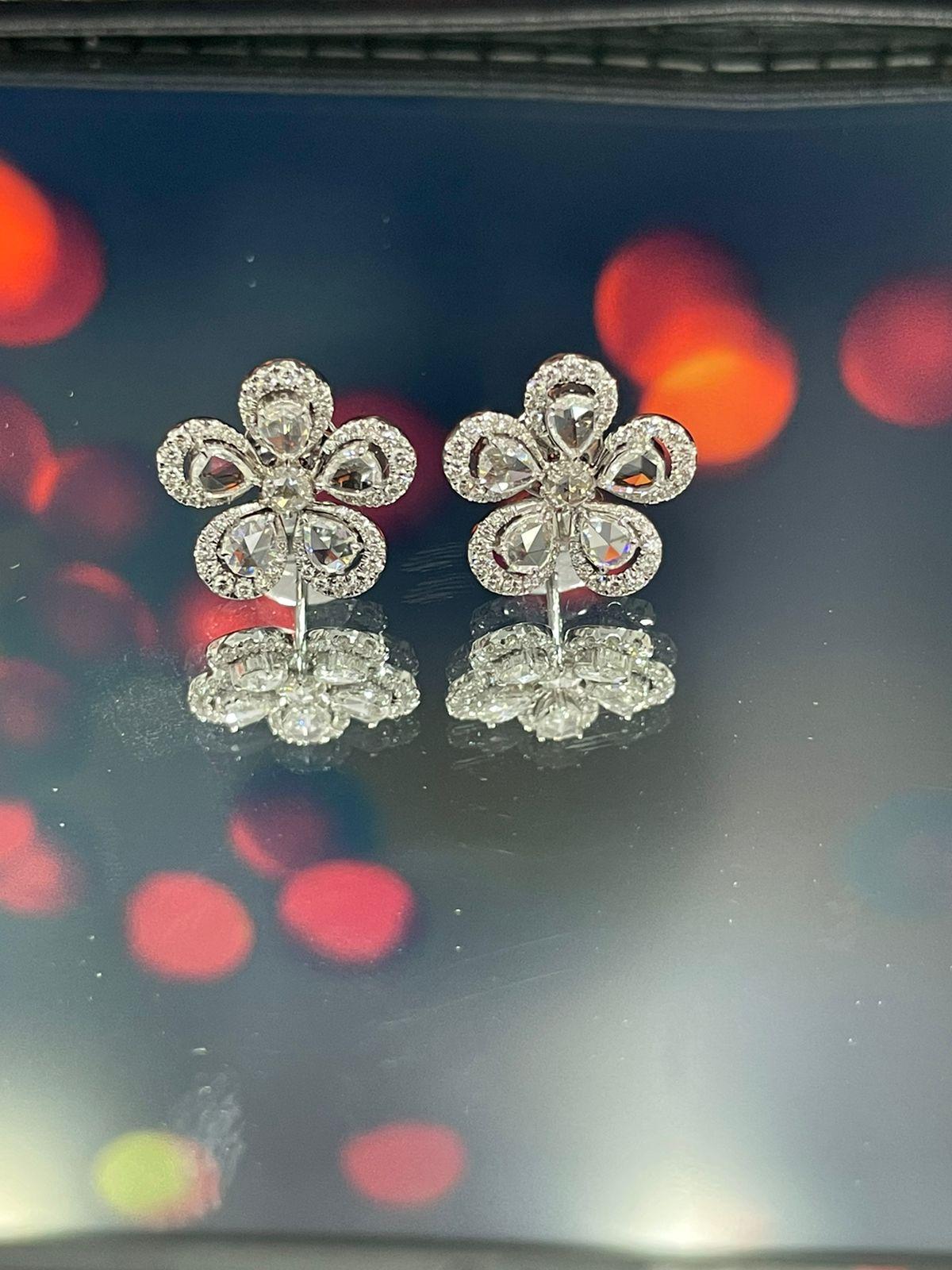 Modern PANIM 18K White Gold Diamond Rosecut Floral Stud Earrings For Sale