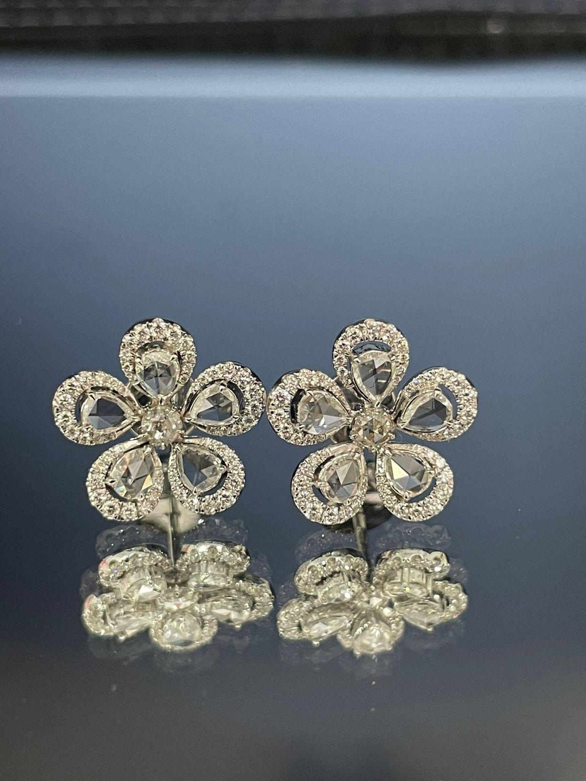 Rose Cut PANIM 18K White Gold Diamond Rosecut Floral Stud Earrings For Sale