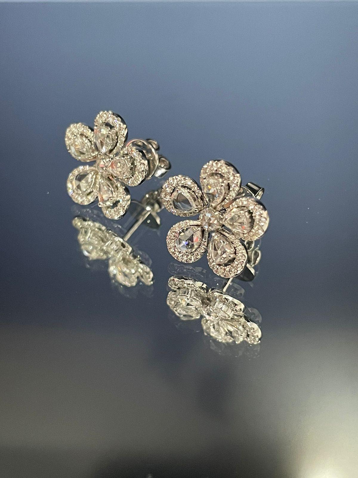 Women's PANIM 18K White Gold Diamond Rosecut Floral Stud Earrings For Sale