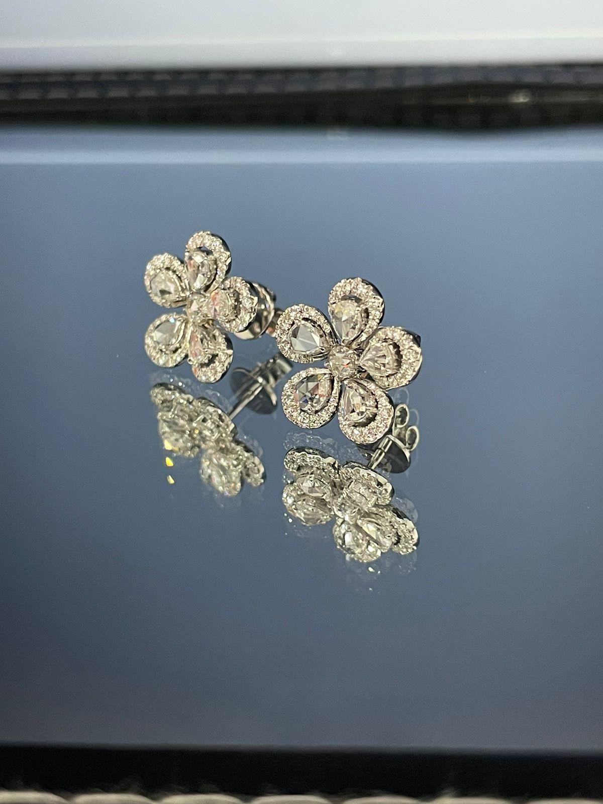 PANIM 18K White Gold Diamond Rosecut Floral Stud Earrings For Sale 1