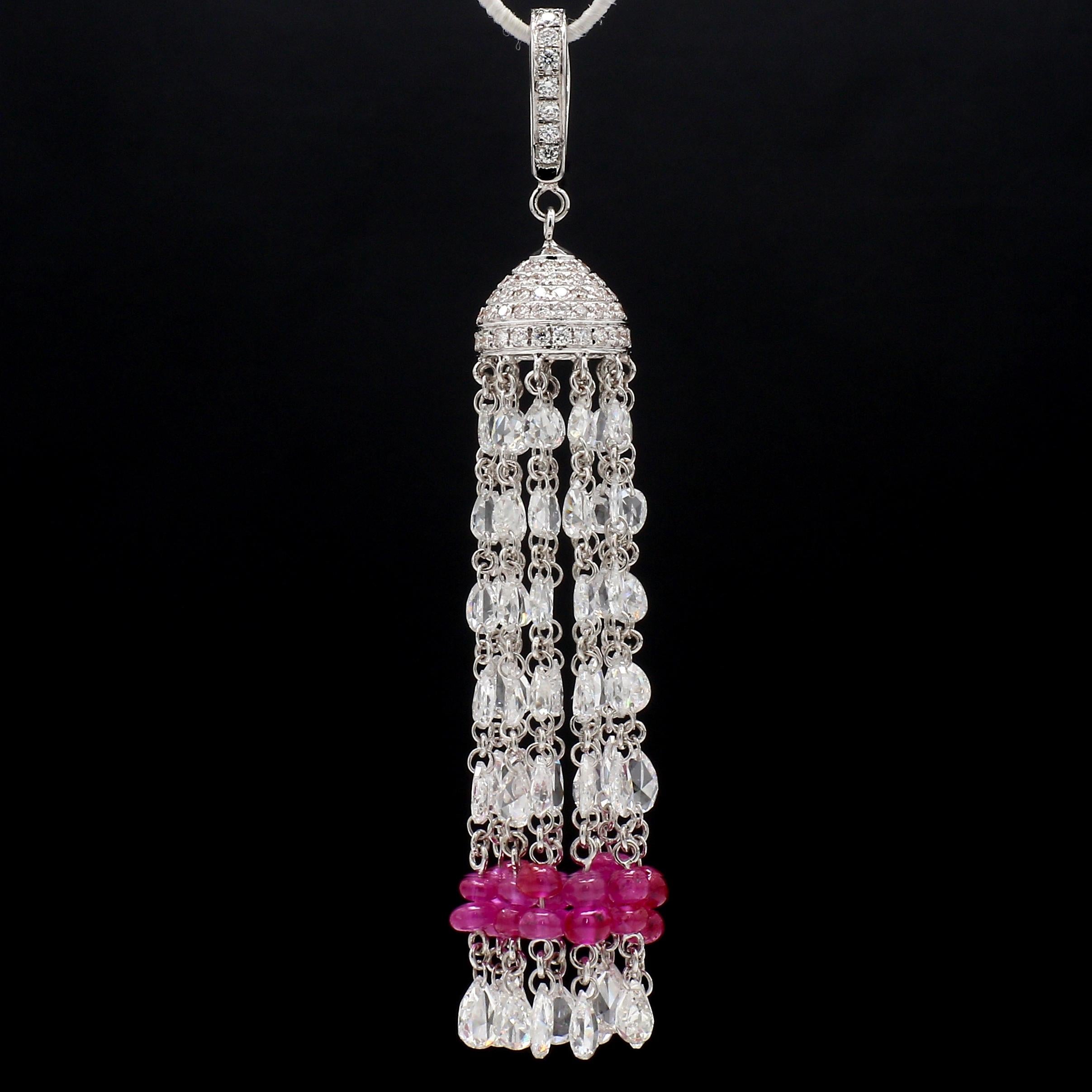 PANIM 18K White Gold Diamond Rosecut & ruby Tassel  Pendent

Explore our superlative contemporary pendent that will not only complement but enhance every mood and outfit of yours! It features diamond rosecut linked to each other with 18k white gold