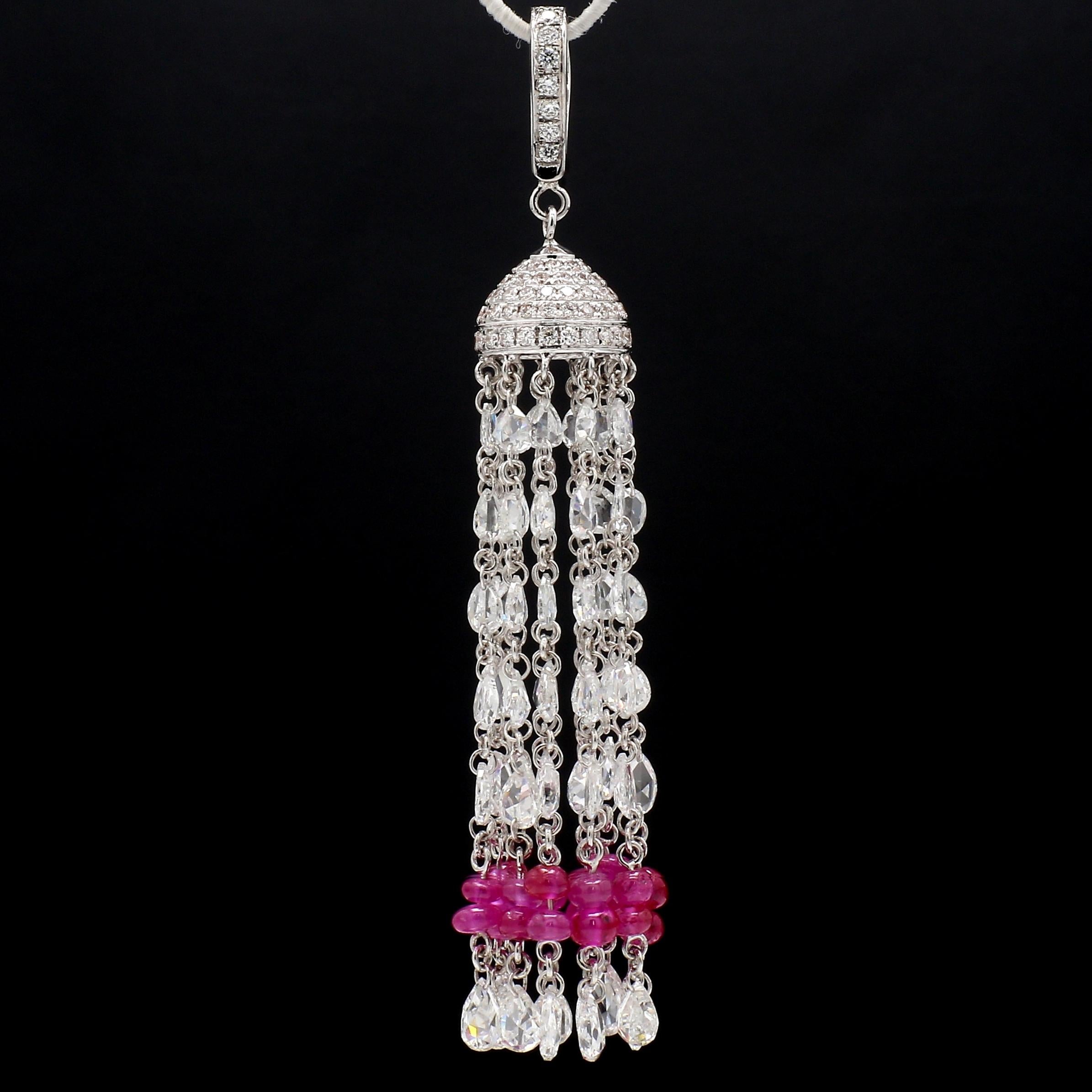 Contemporary PANIM 18K White Gold Diamond Rosecut & Ruby Tassel  Pendent For Sale