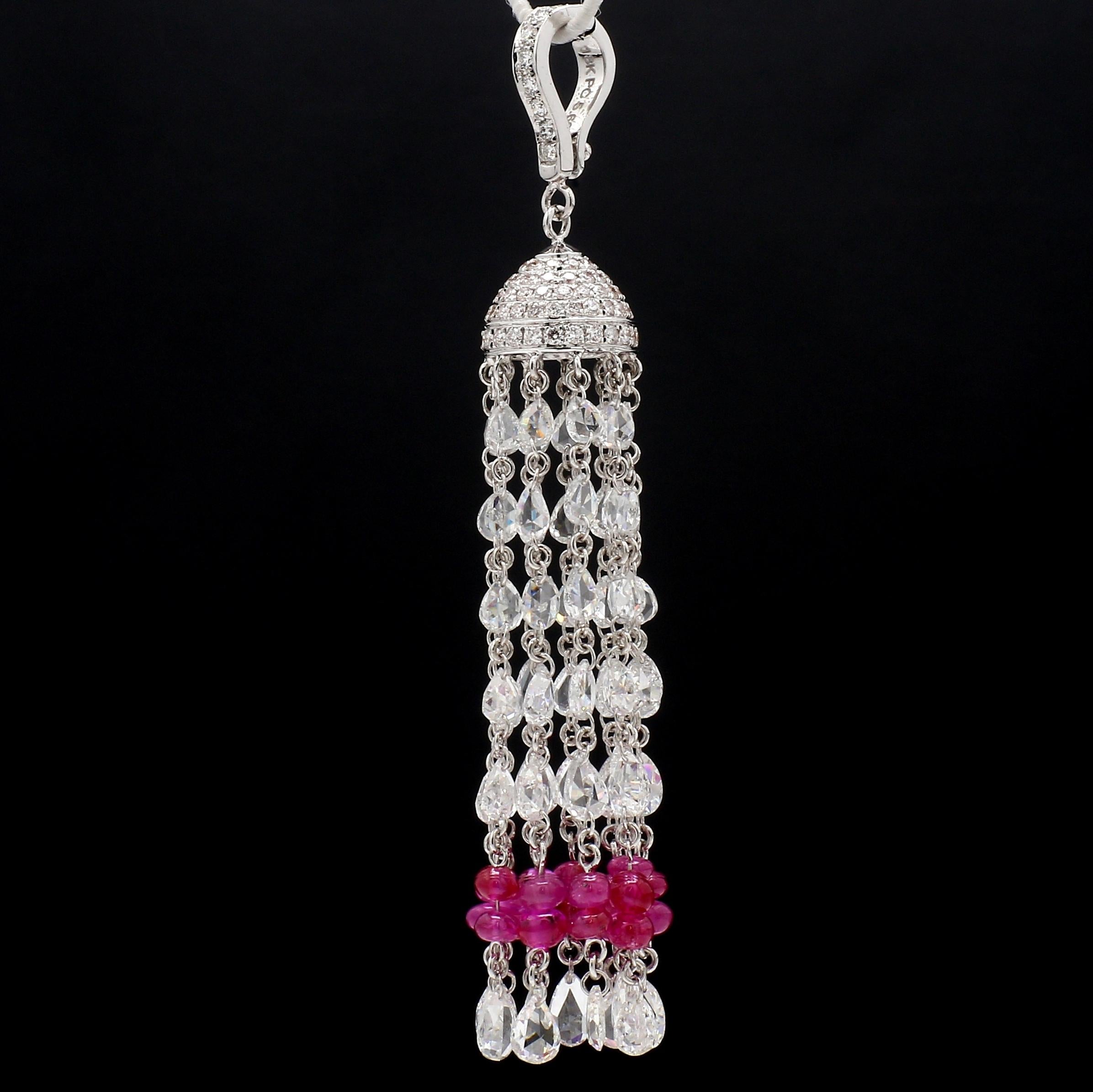 Rose Cut PANIM 18K White Gold Diamond Rosecut & Ruby Tassel  Pendent For Sale