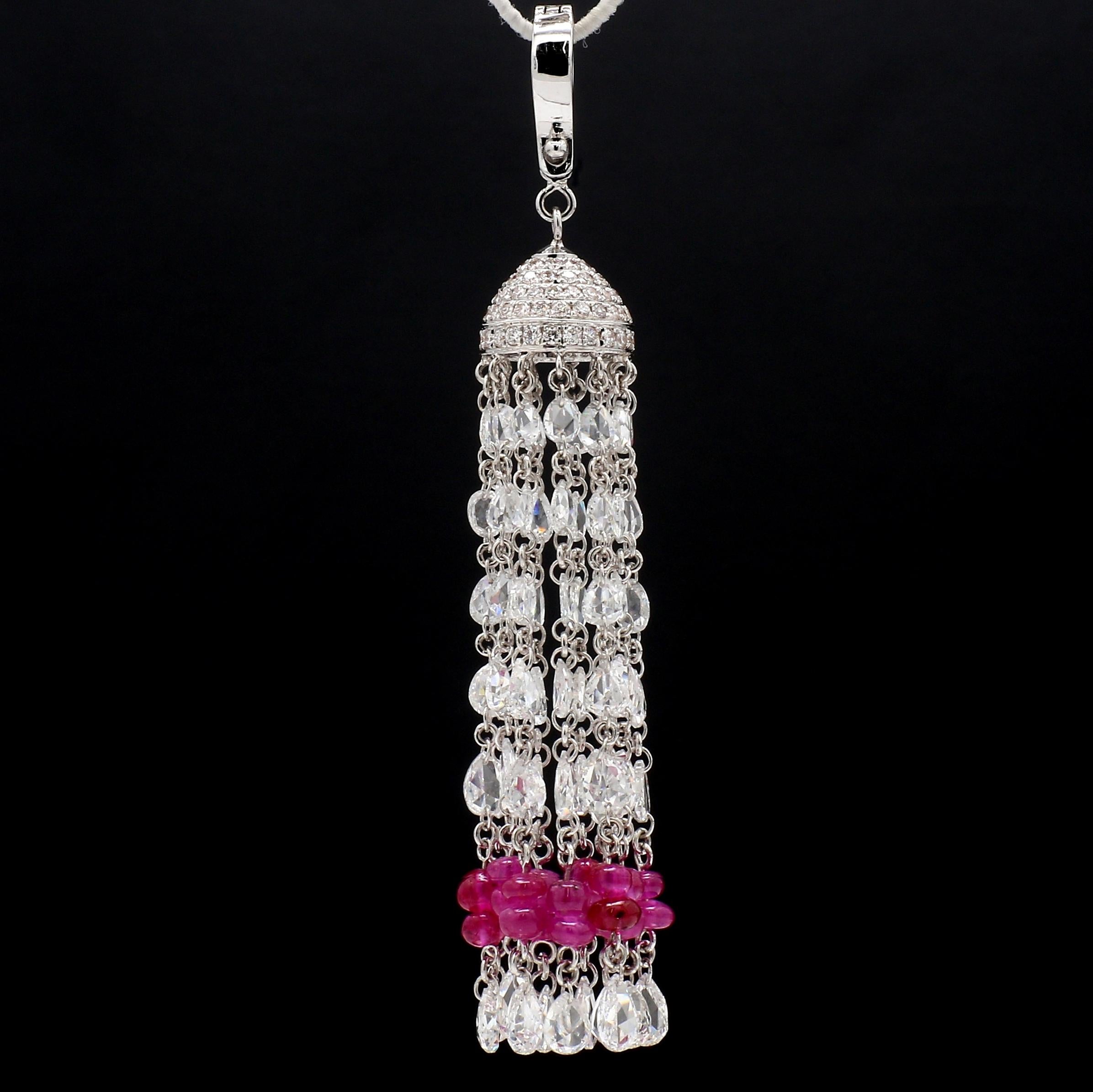 Women's PANIM 18K White Gold Diamond Rosecut & Ruby Tassel  Pendent For Sale