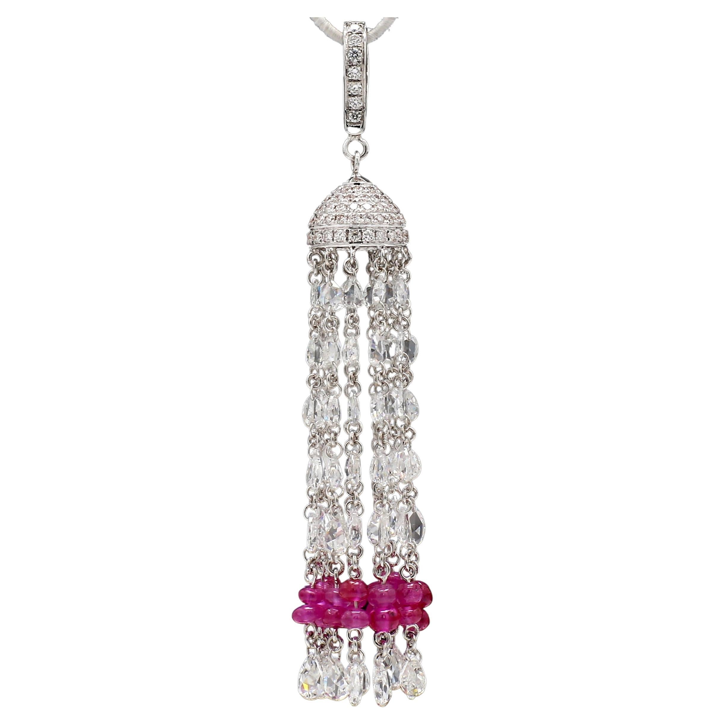 PANIM 18K White Gold Diamond Rosecut & Ruby Tassel  Pendent For Sale