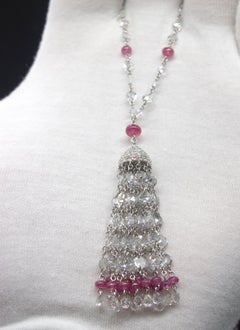 PANIM 19.23 Carat Diamond Rosecut & Ruby 18K White Gold Tassel Necklace