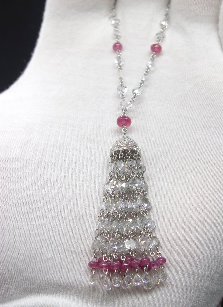 PANIM 19.23 Carat Diamond Rosecut and Ruby 18K White Gold Tassel ...