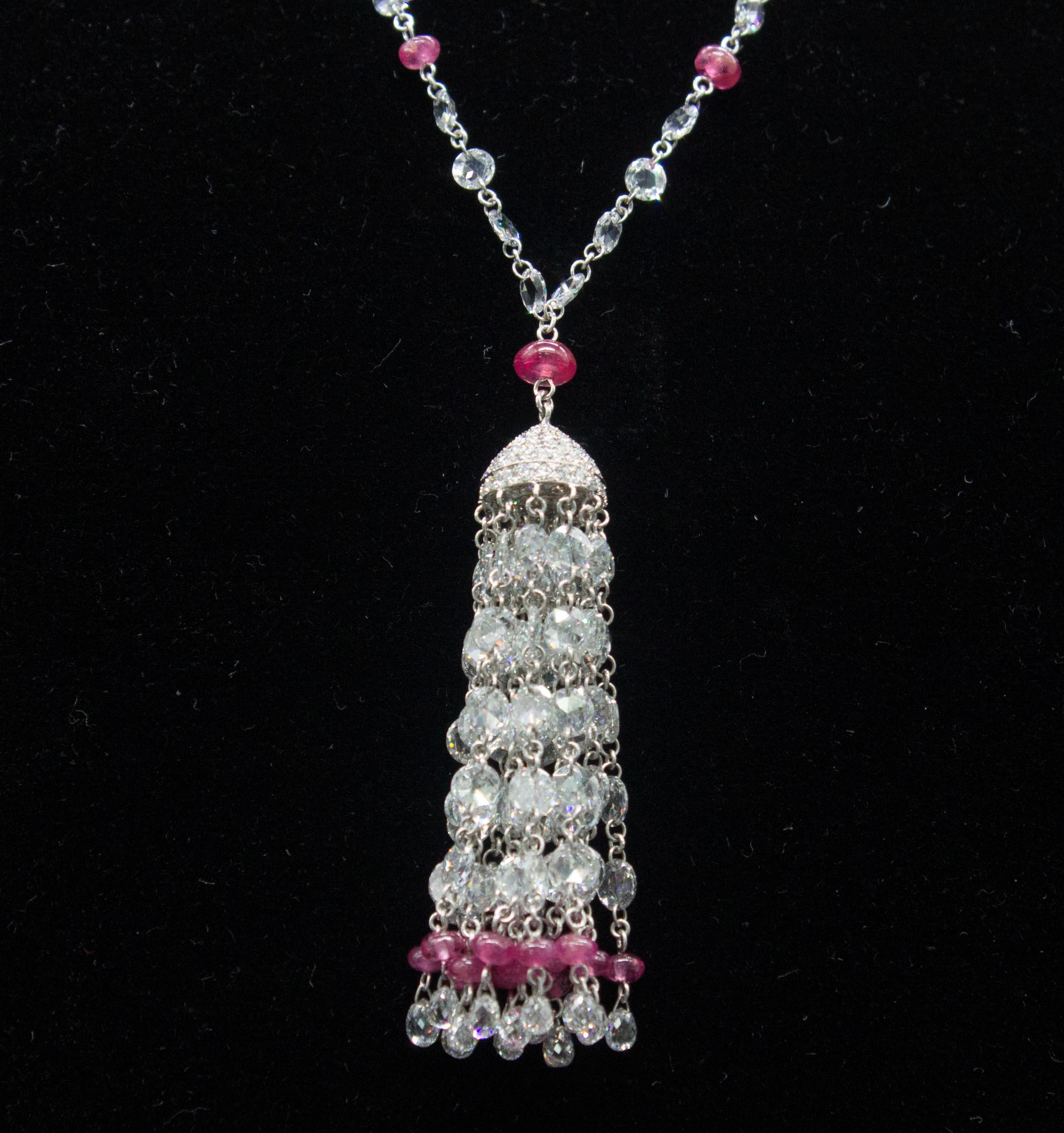 Modern PANIM 19.23 Carat Diamond Rosecut & Ruby 18K White Gold Tassel Necklace For Sale