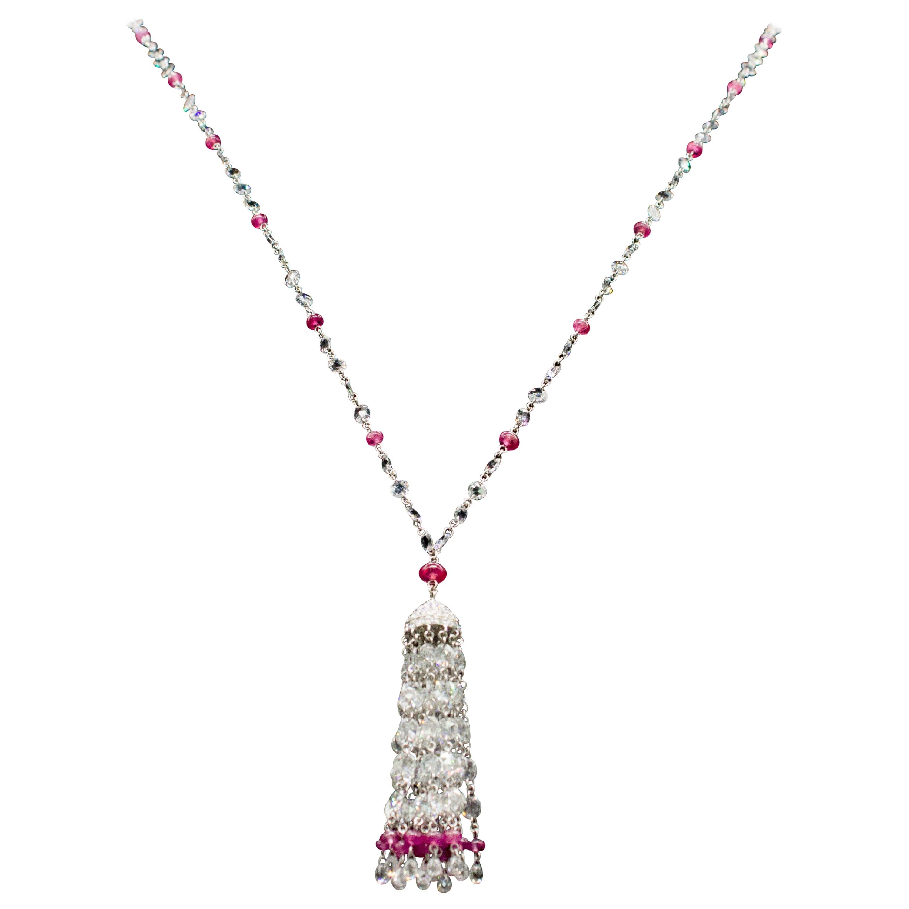 PANIM 19.23 Carat Diamond Rosecut & Ruby 18K White Gold Tassel Necklace For Sale