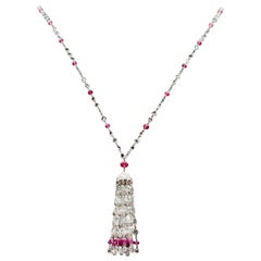 PANIM 19.23 Carat Diamond Rosecut & Ruby 18K White Gold Tassel Necklace