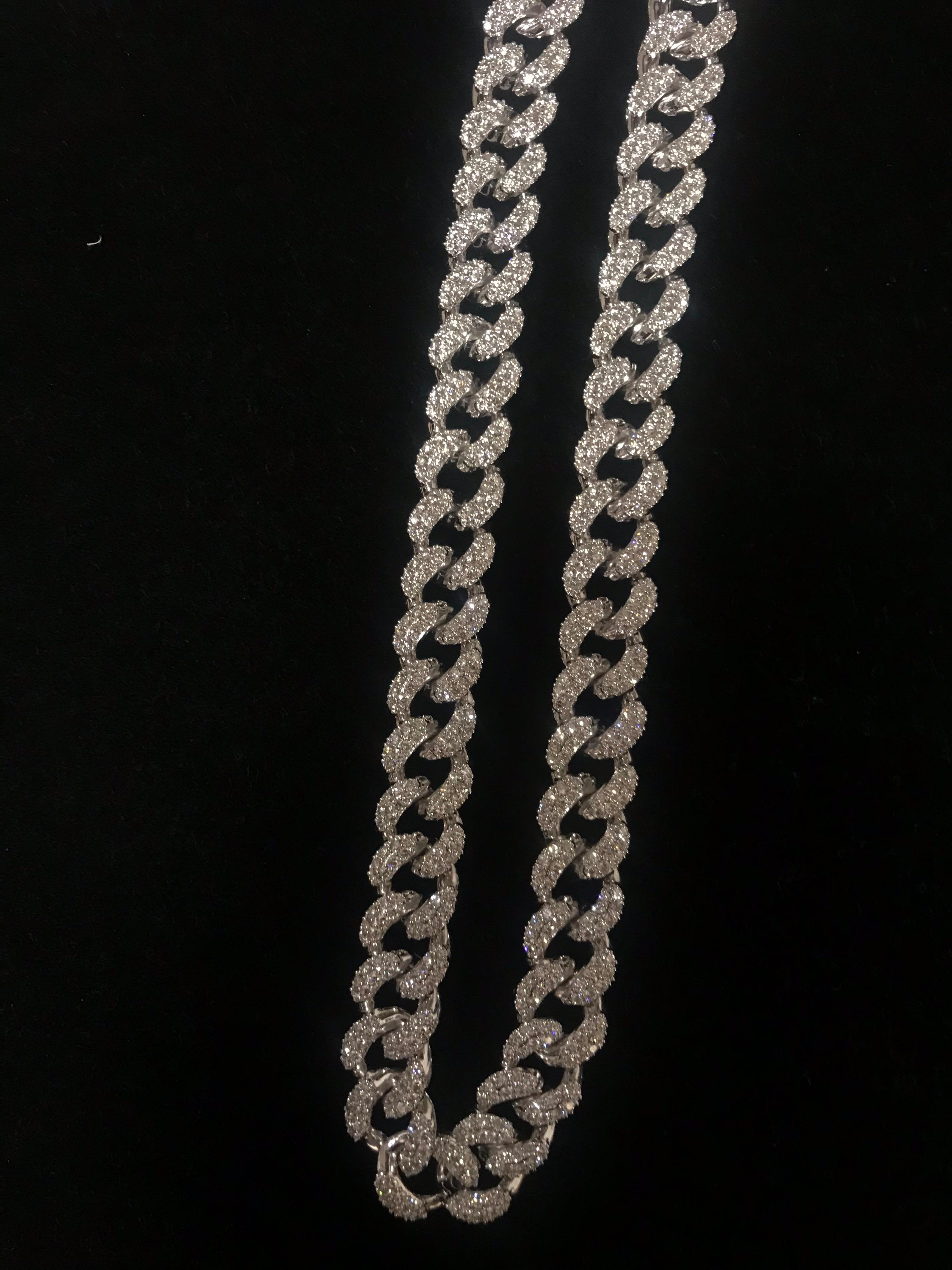 PANIM 20 Carat Pave Set Diamond 18k White Gold Cuban Necklace For Sale 11