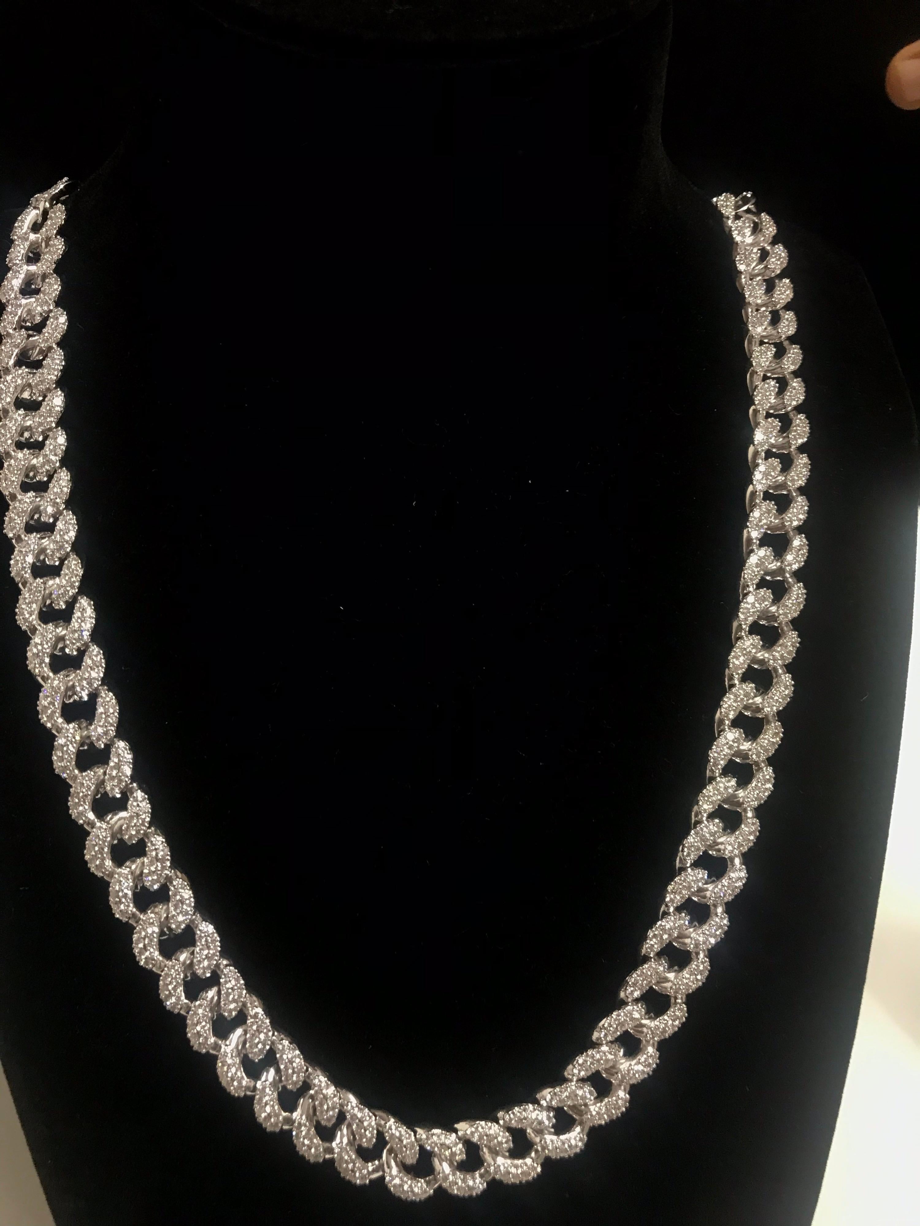 Women's or Men's PANIM 20 Carat Pave Set Diamond 18k White Gold Cuban Necklace For Sale