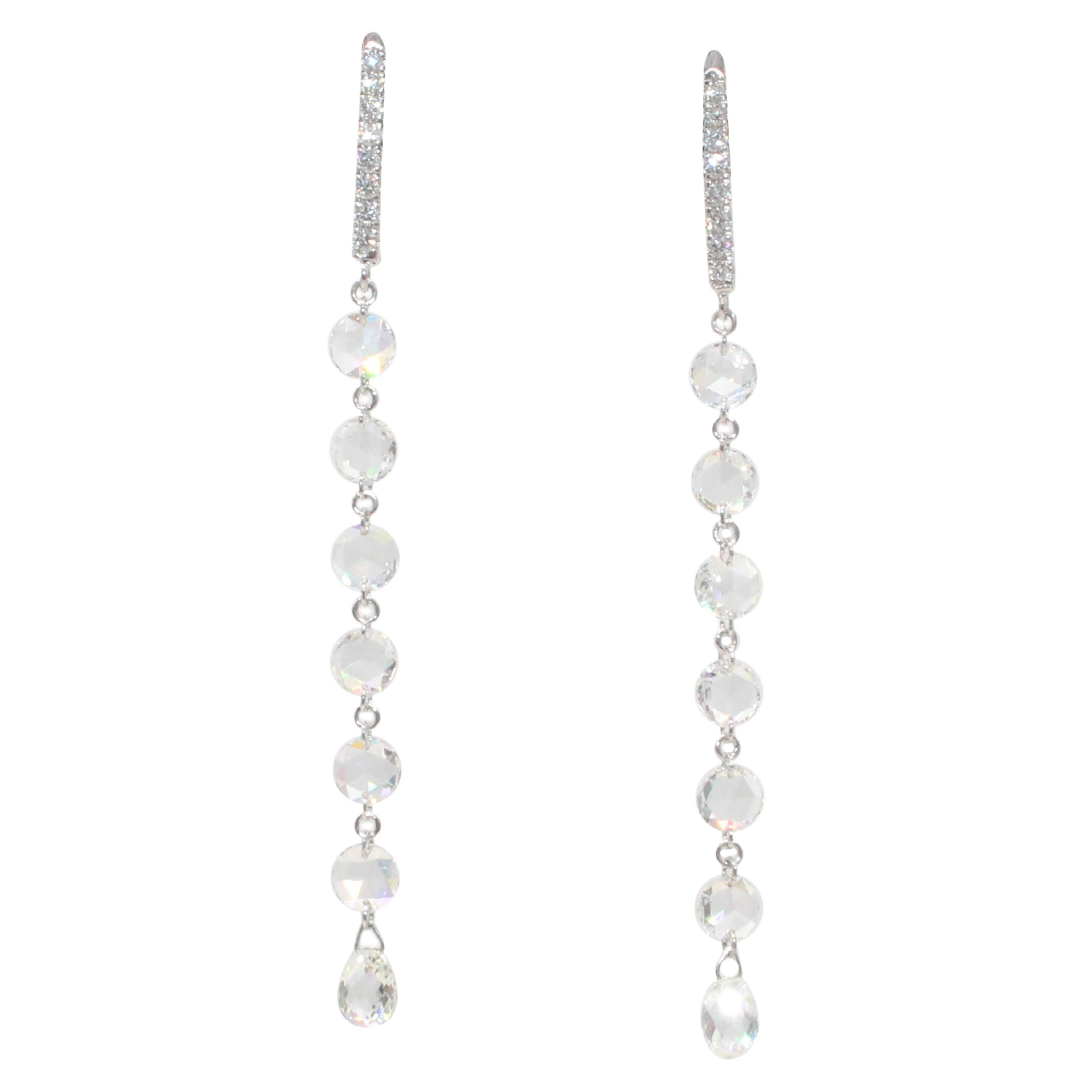 PANIM 2.01 Carat Rosecut and Briolette Diamond Linear Earrings 18k White Gold For Sale