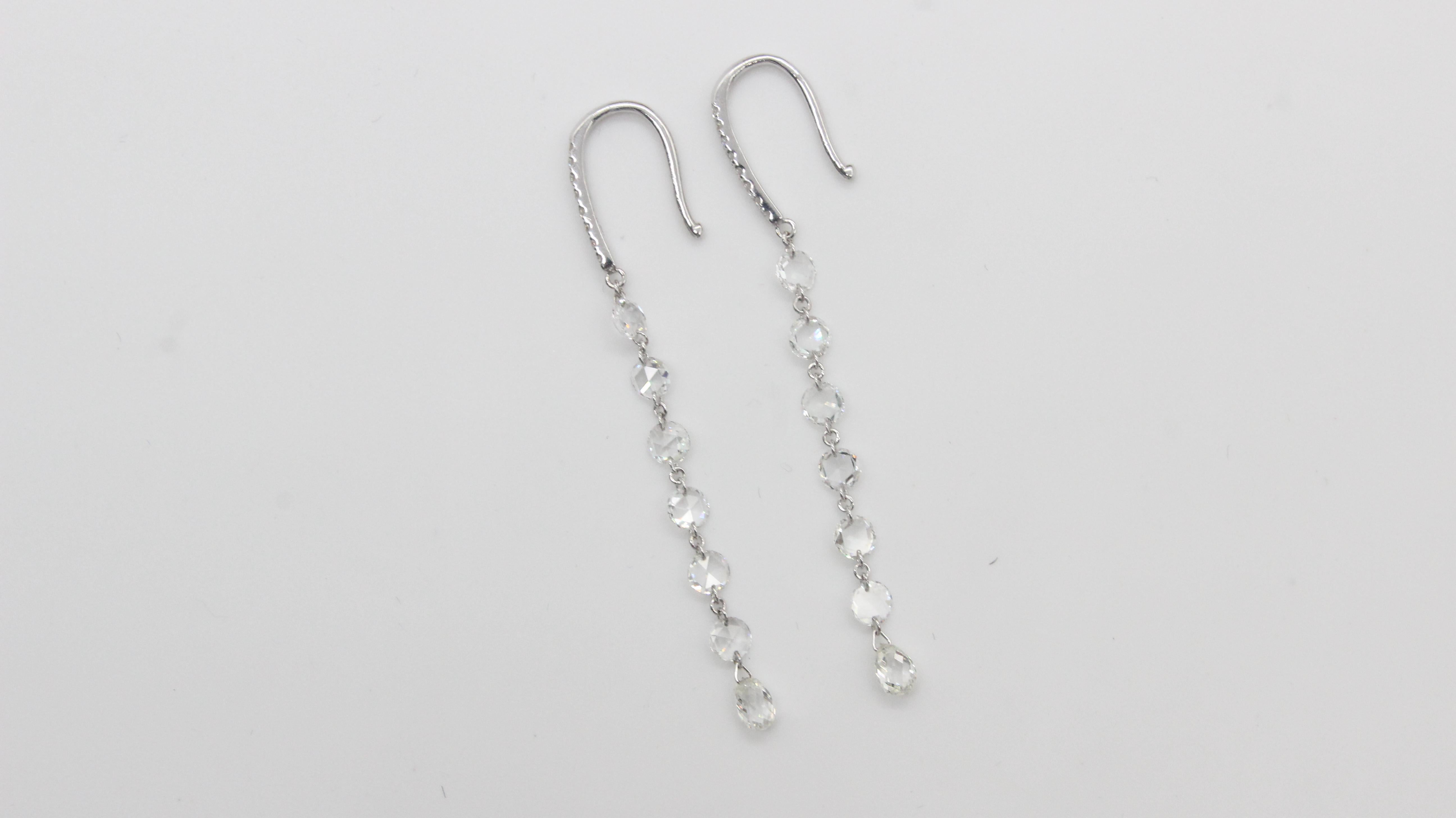 Modern PANIM 2.01 Carat Rosecut and Briolette Diamond Linear Earrings 18k White Gold For Sale