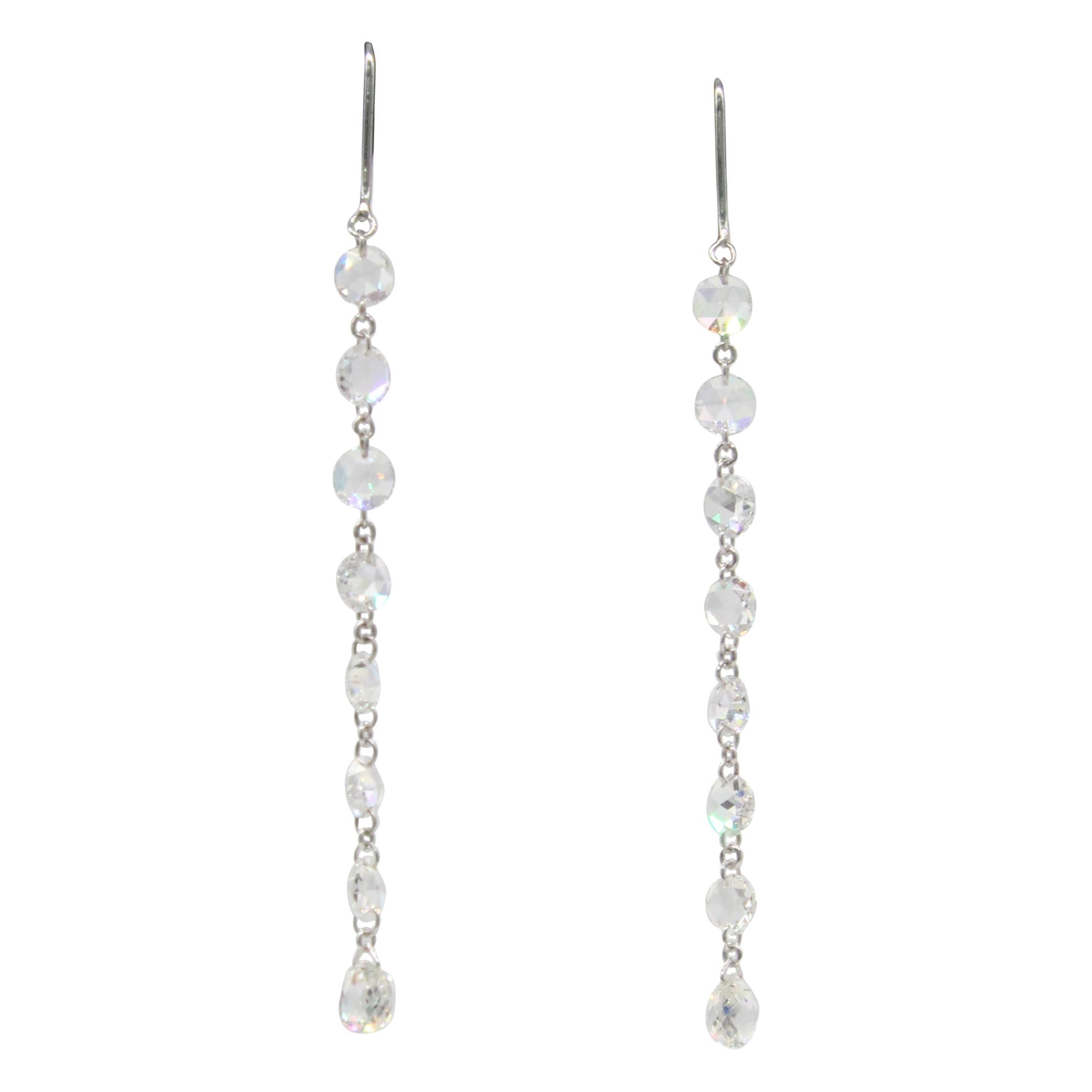 PANIM 2.05 Carat Diamond Rosecut & Briolette 18k White Gold Mono Earrings For Sale