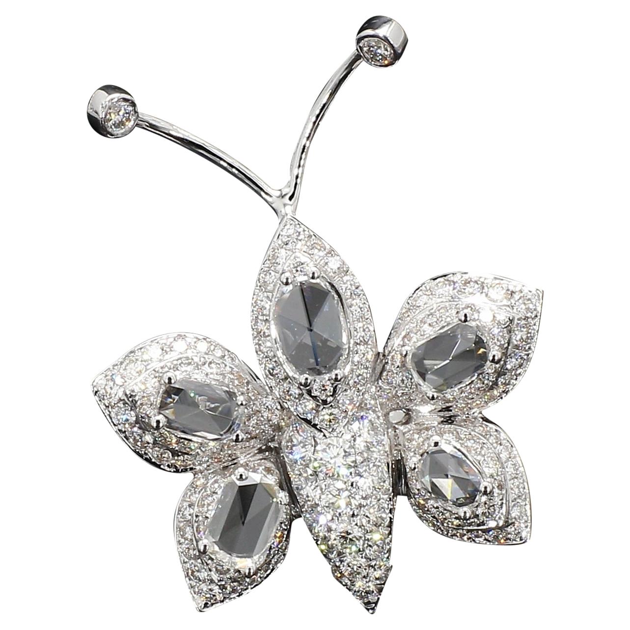 PANIM White Rosecut Diamond Butterfly Cocktail Ring in 18 Karat White Gold For Sale