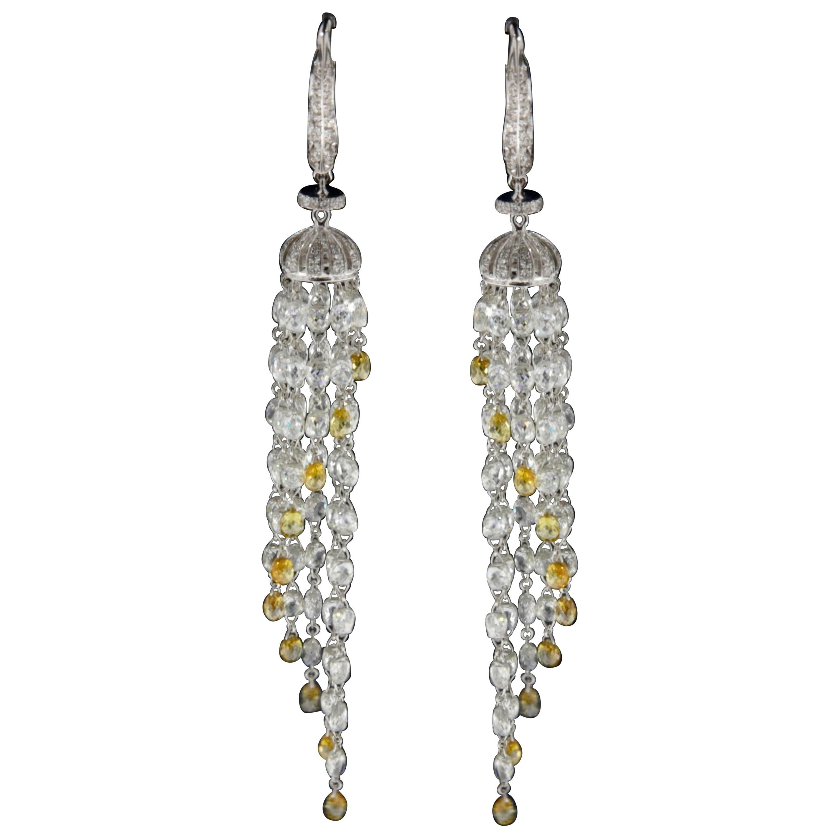 PANIM 23.18 Carats Diamond Briolette 18k White Gold Tassel Earrings For Sale