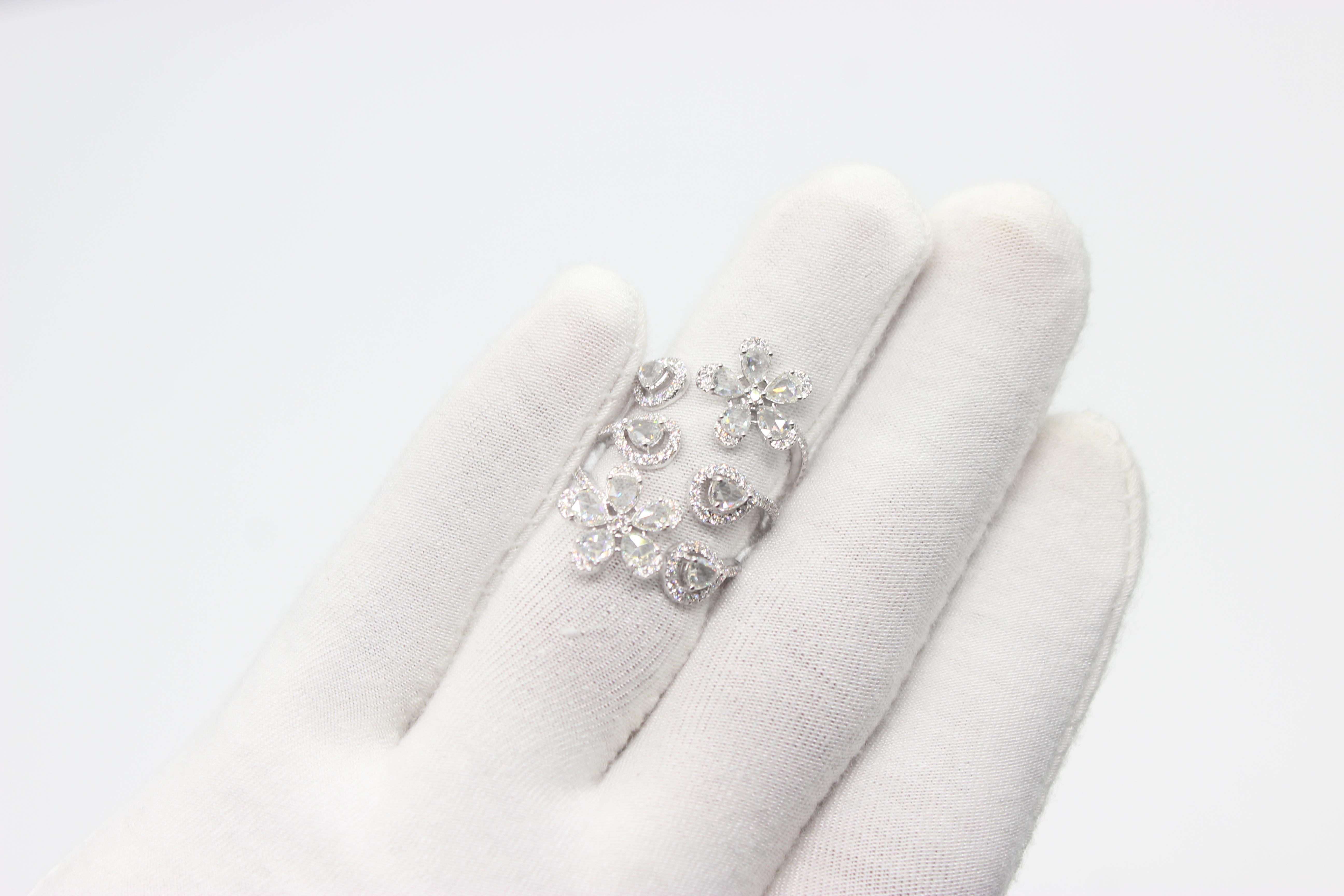 Modern PANIM 2.65 Carat Pear Shape Diamond Rosecut 18K White Gold Floral Ring For Sale