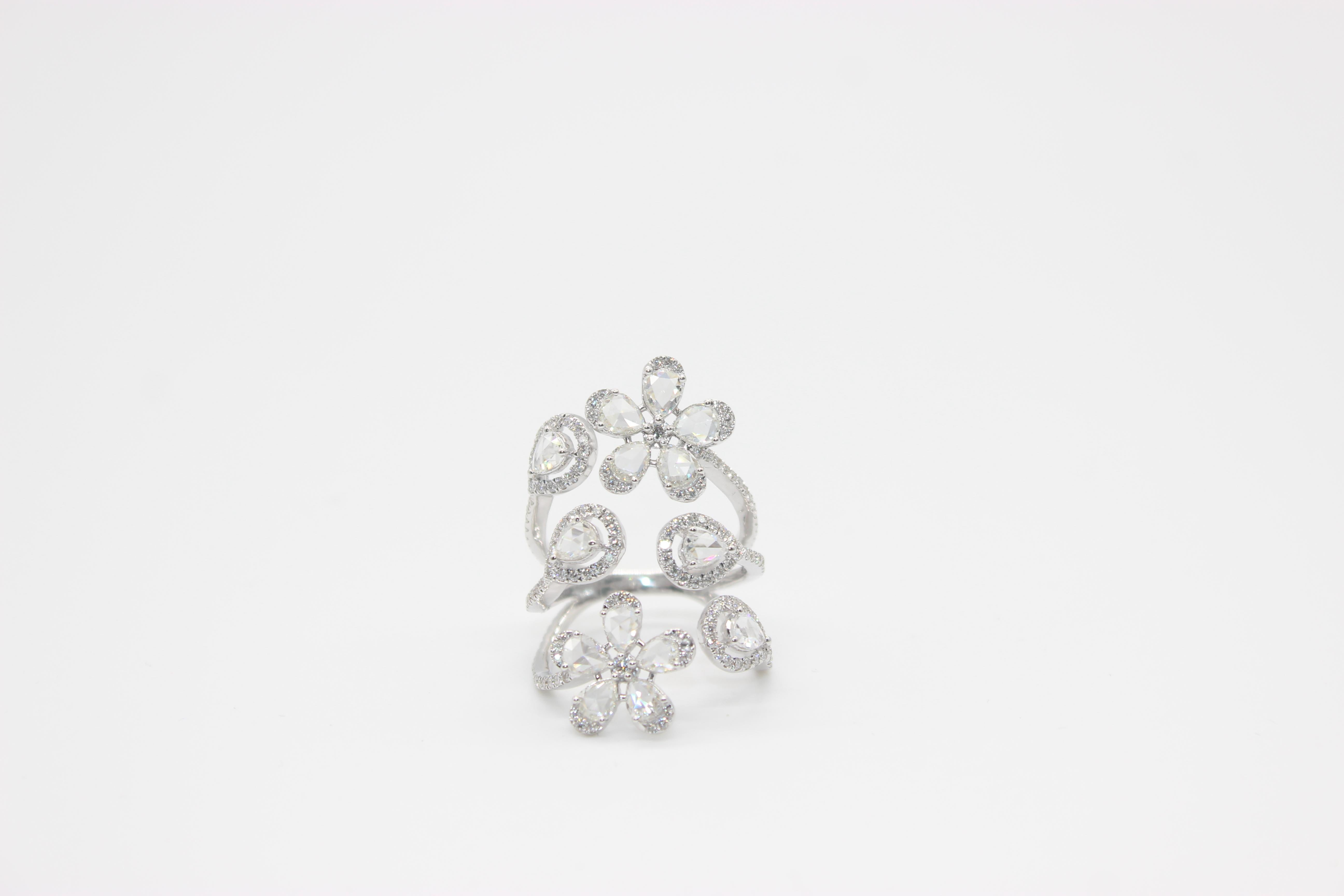 Rose Cut PANIM 2.65 Carat Pear Shape Diamond Rosecut 18K White Gold Floral Ring For Sale