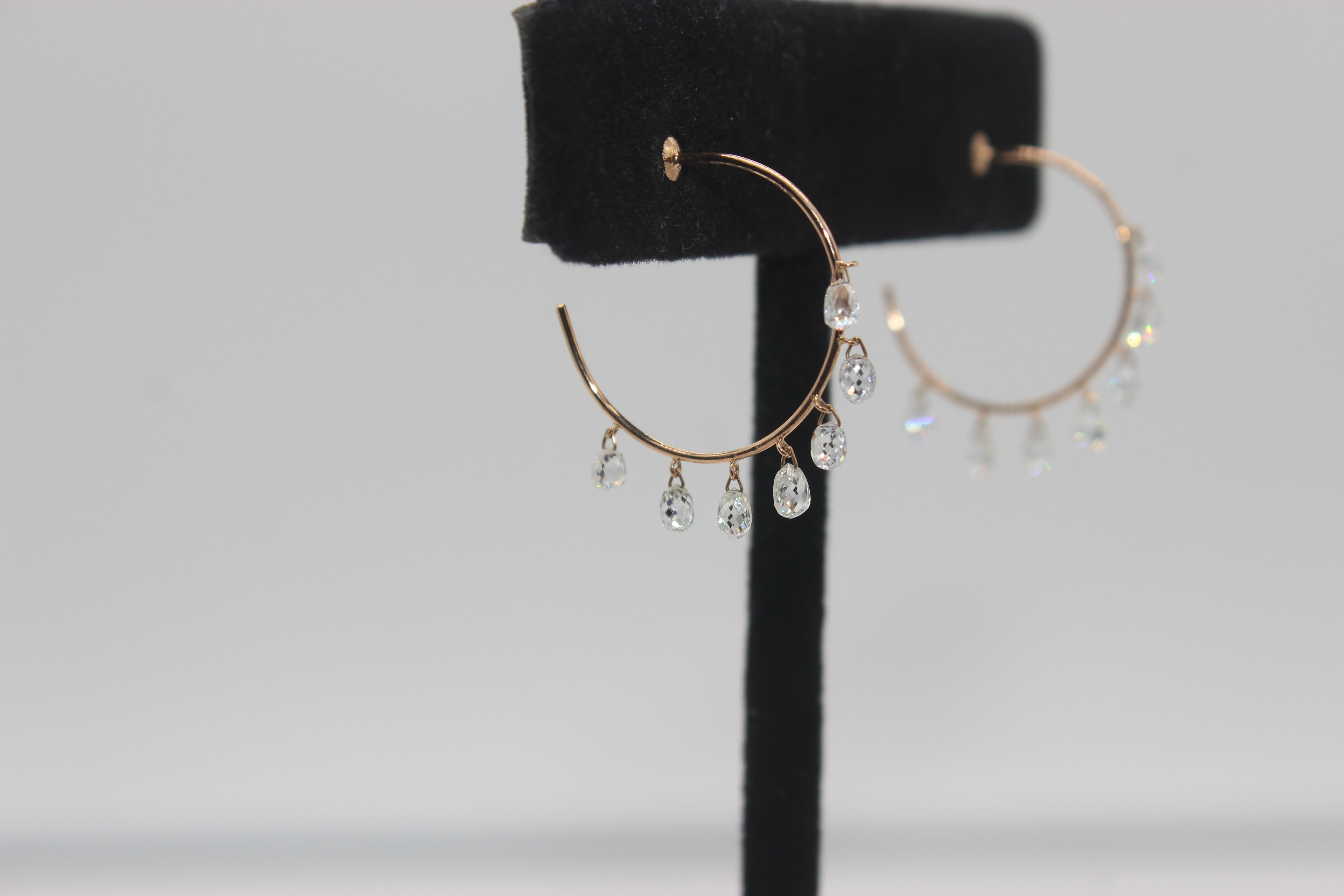 PANIM 2.84 Carats Diamond Briolette 18 Karat Rose Gold Hoops Earrings For Sale 5