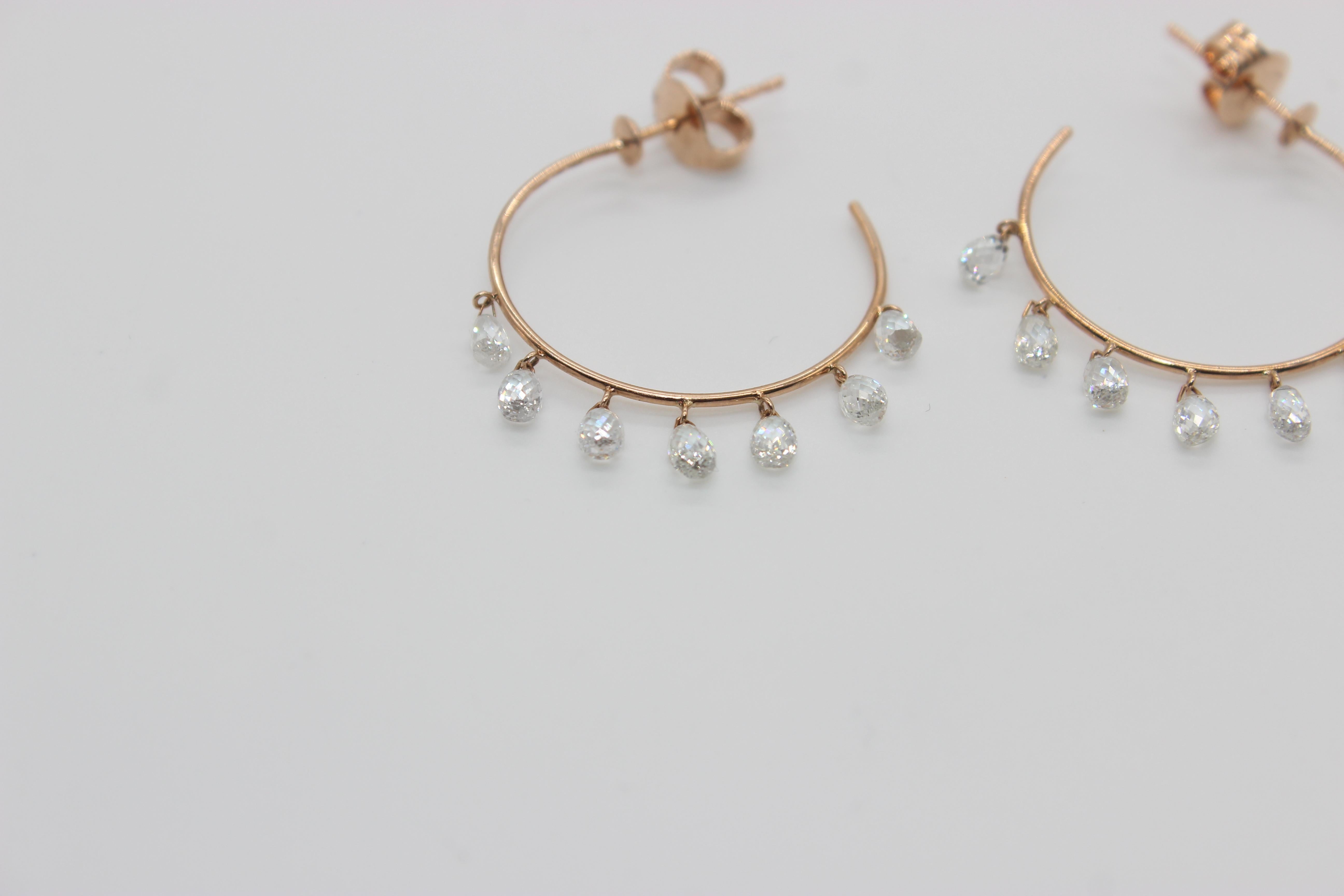 PANIM 2.84 Carats Diamond Briolette 18 Karat Rose Gold Hoops Earrings For Sale 6