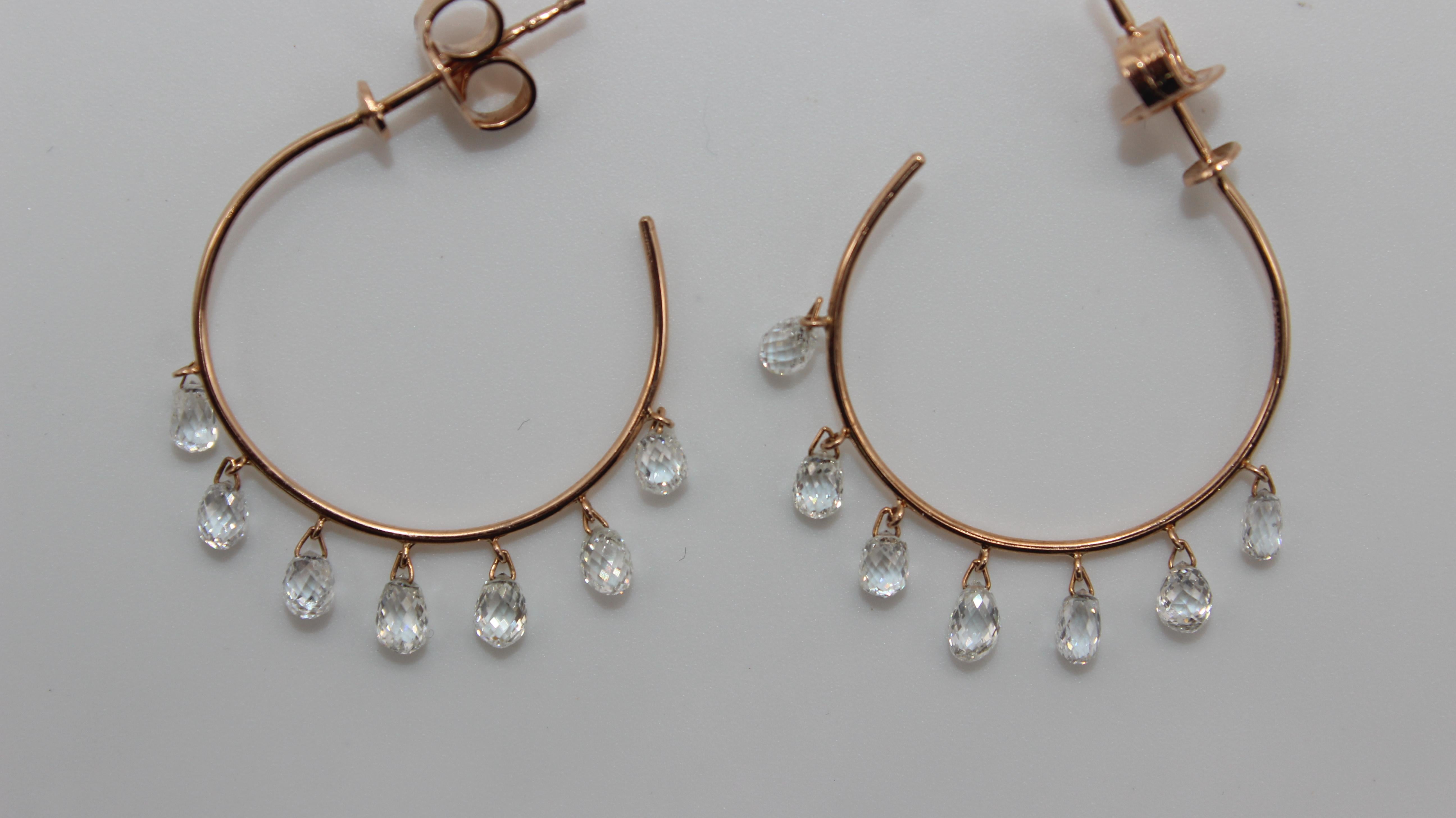 PANIM 2.84 Carats Diamond Briolette 18 Karat Rose Gold Hoops Earrings For Sale 7