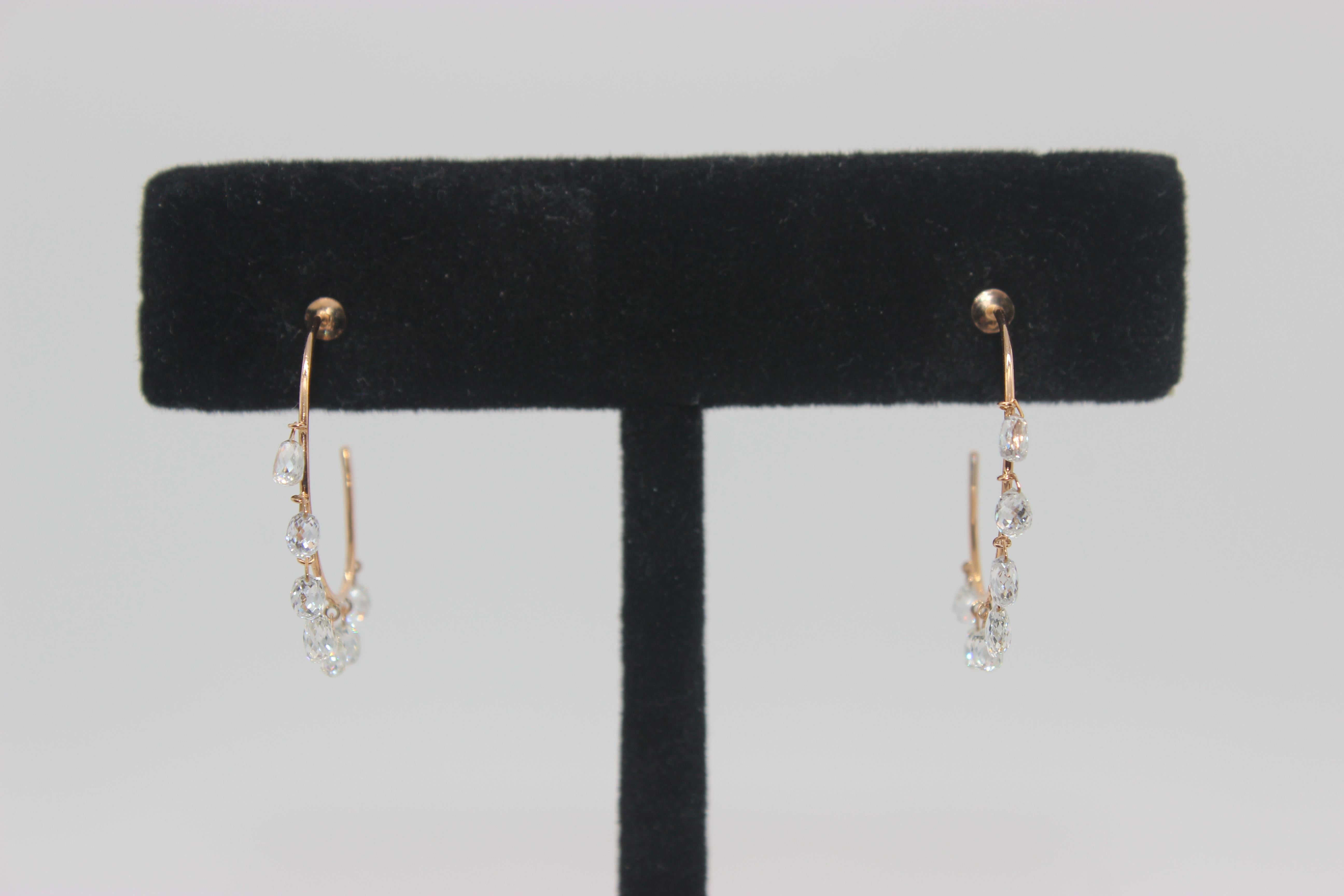PANIM 2.84 Carats Diamond Briolette 18 Karat Rose Gold Hoops Earrings For Sale 2