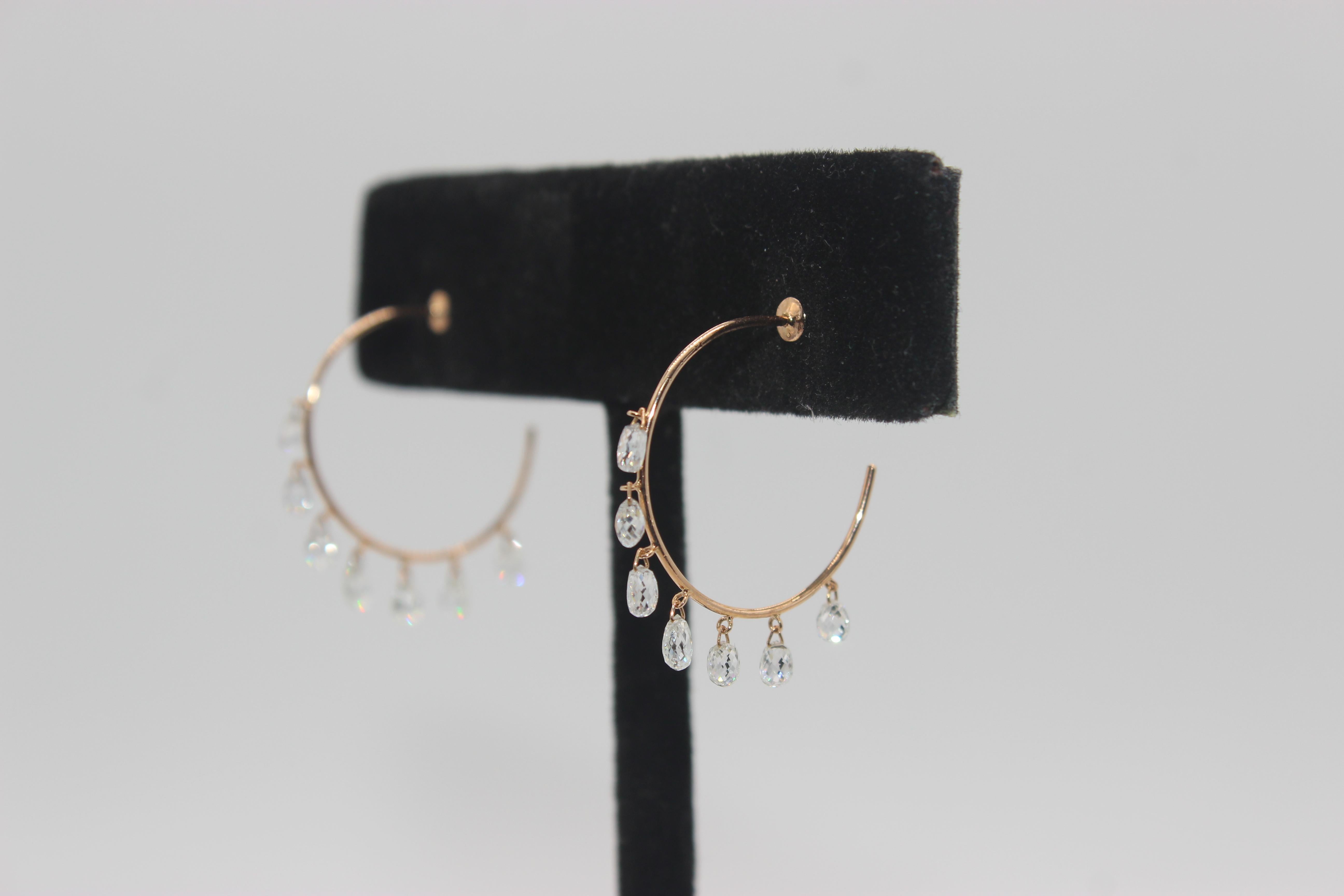PANIM 2.84 Carats Diamond Briolette 18 Karat Rose Gold Hoops Earrings For Sale 3